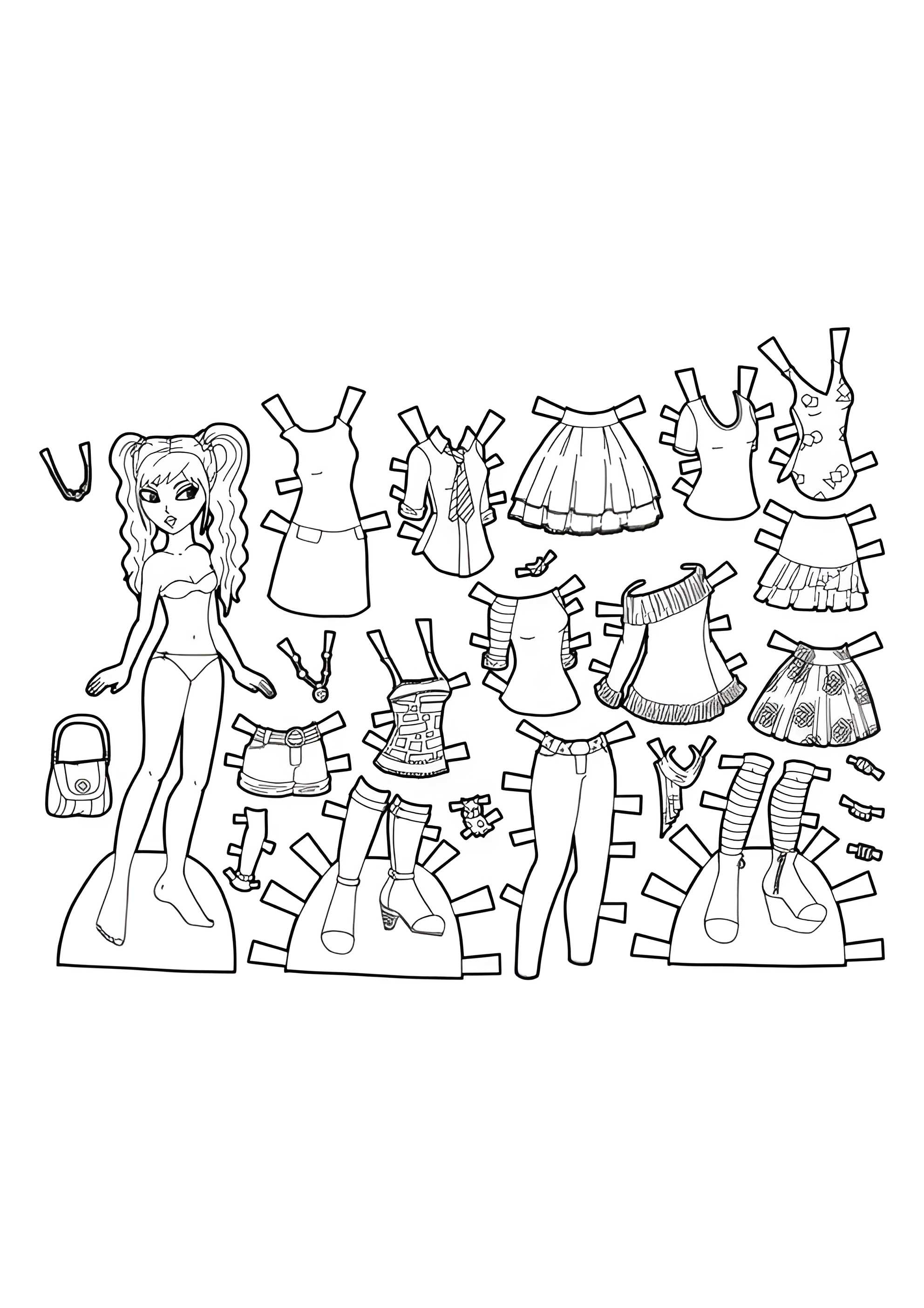 Раскраска Красивая бумажная кукла с одеждой