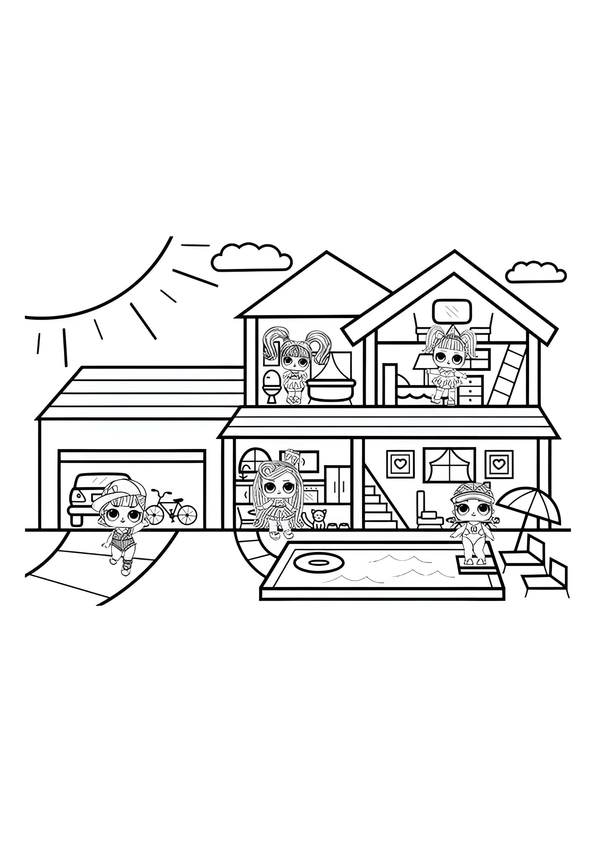 Раскраска ЛОЛ домик с гаражом и бассейном