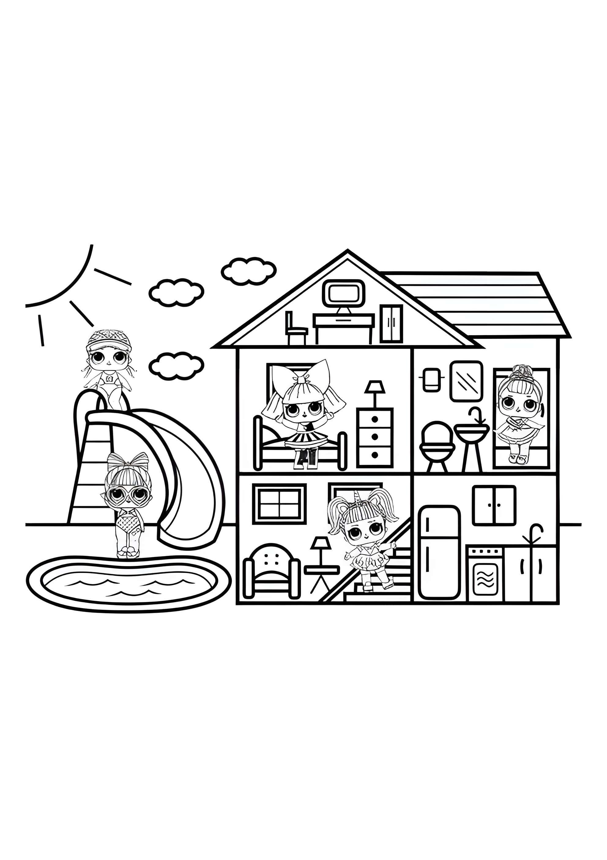 Раскраска ЛОЛ домик с горкой и бассейном