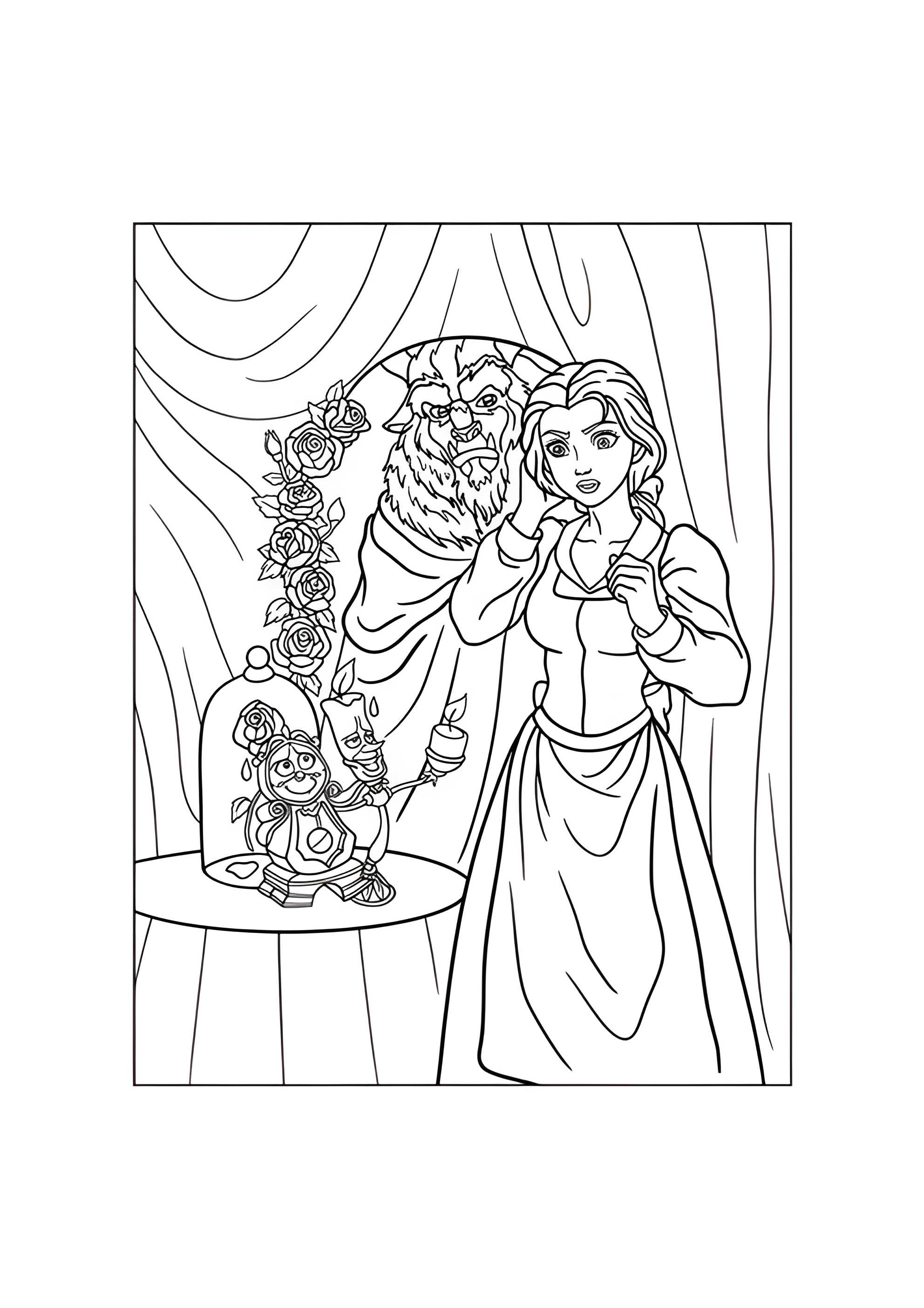 Раскраска Люмьер и Когсворт показали Белль розу