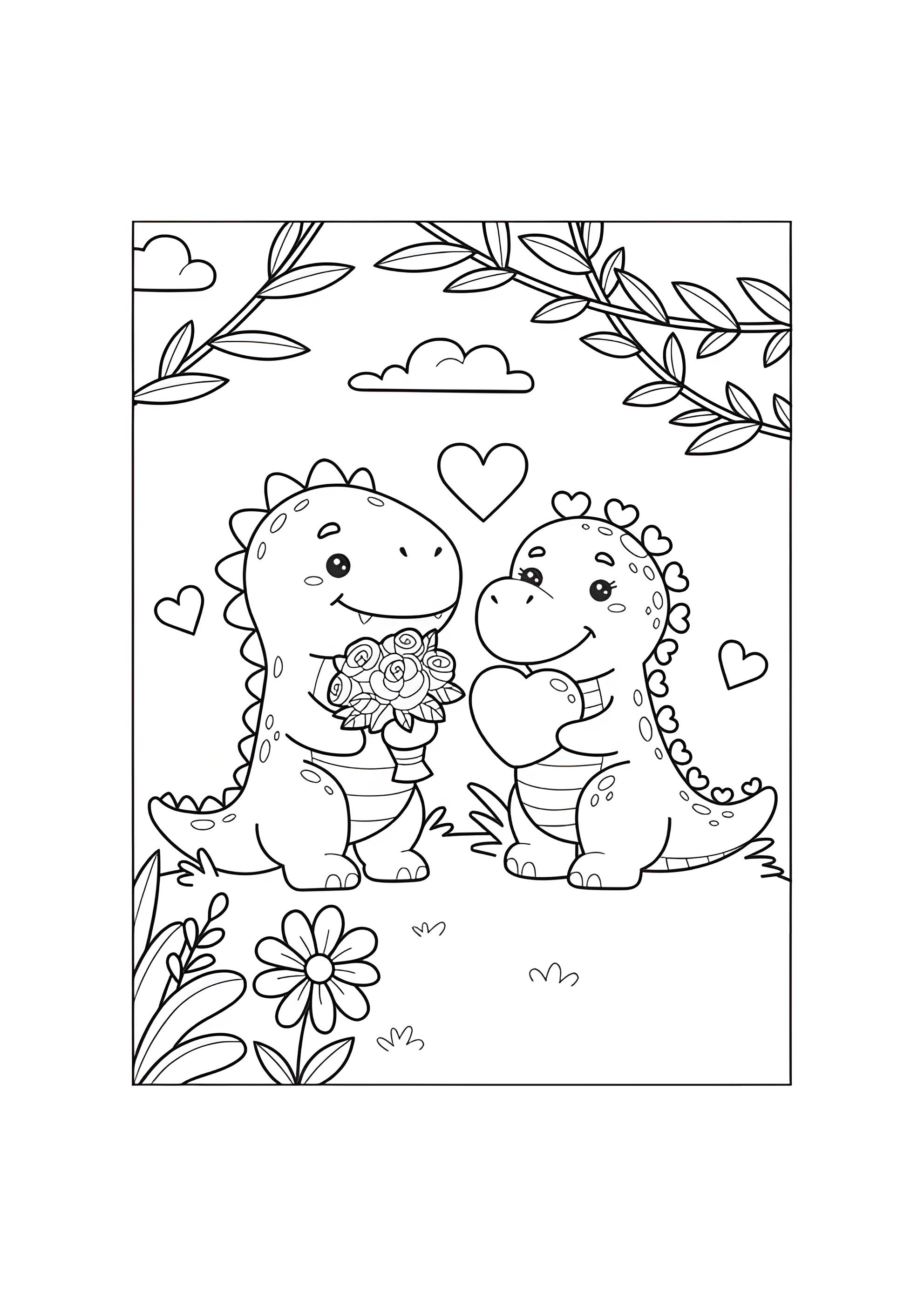 Раскраска Милые динозавры на День Святого Валентина