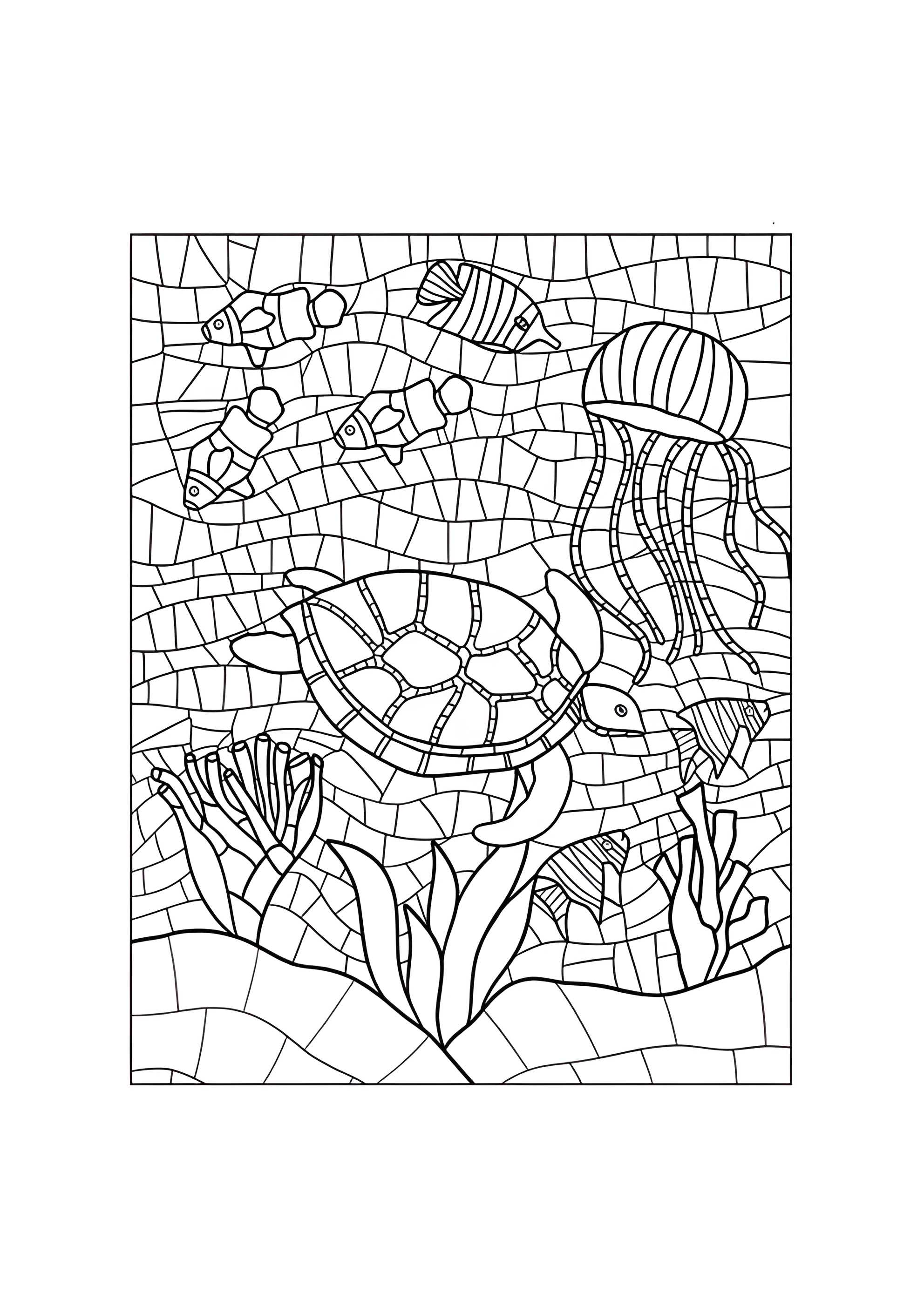 Раскраска Мозаика черепаха и рыбки