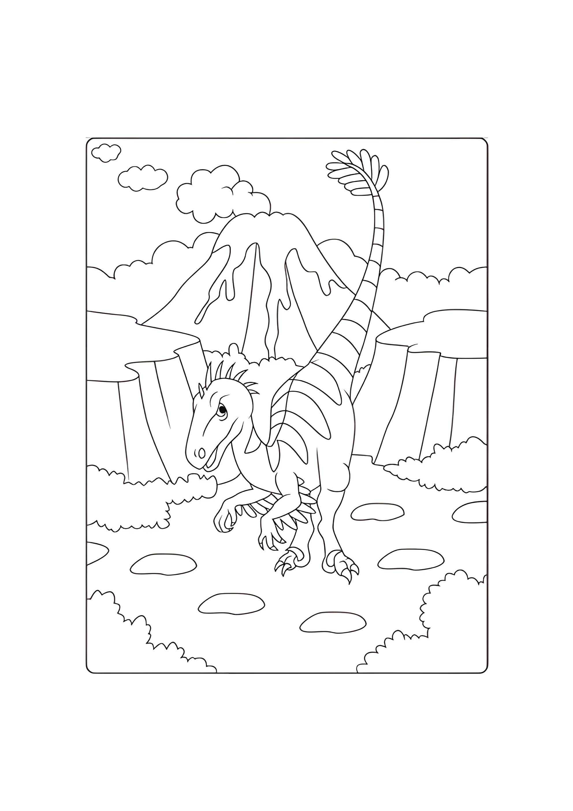 Раскраска Пернатый Велоцираптор возле вулкана