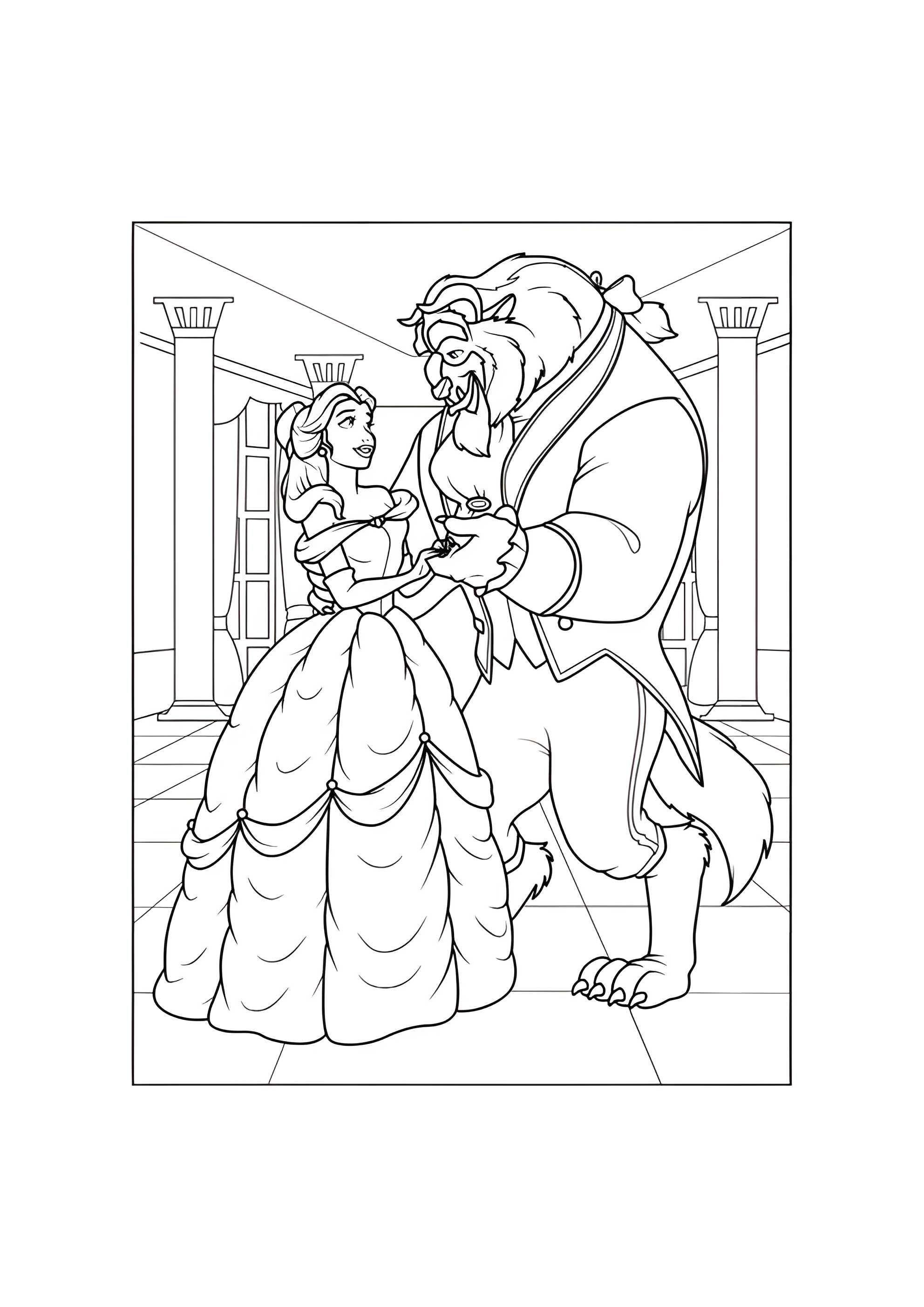 Раскраска Принцесса Белль и Чудовище держатся за руки