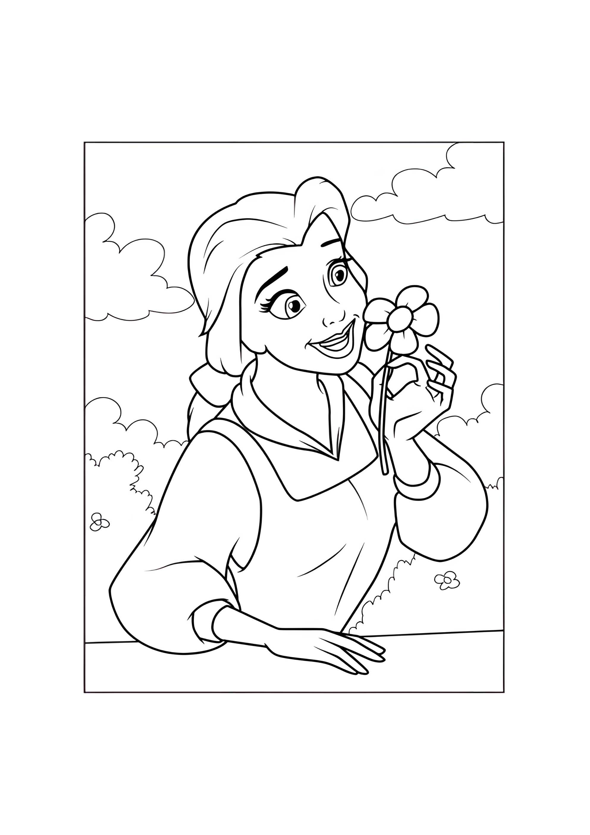 Раскраска Принцесса Белль с ромашкой
