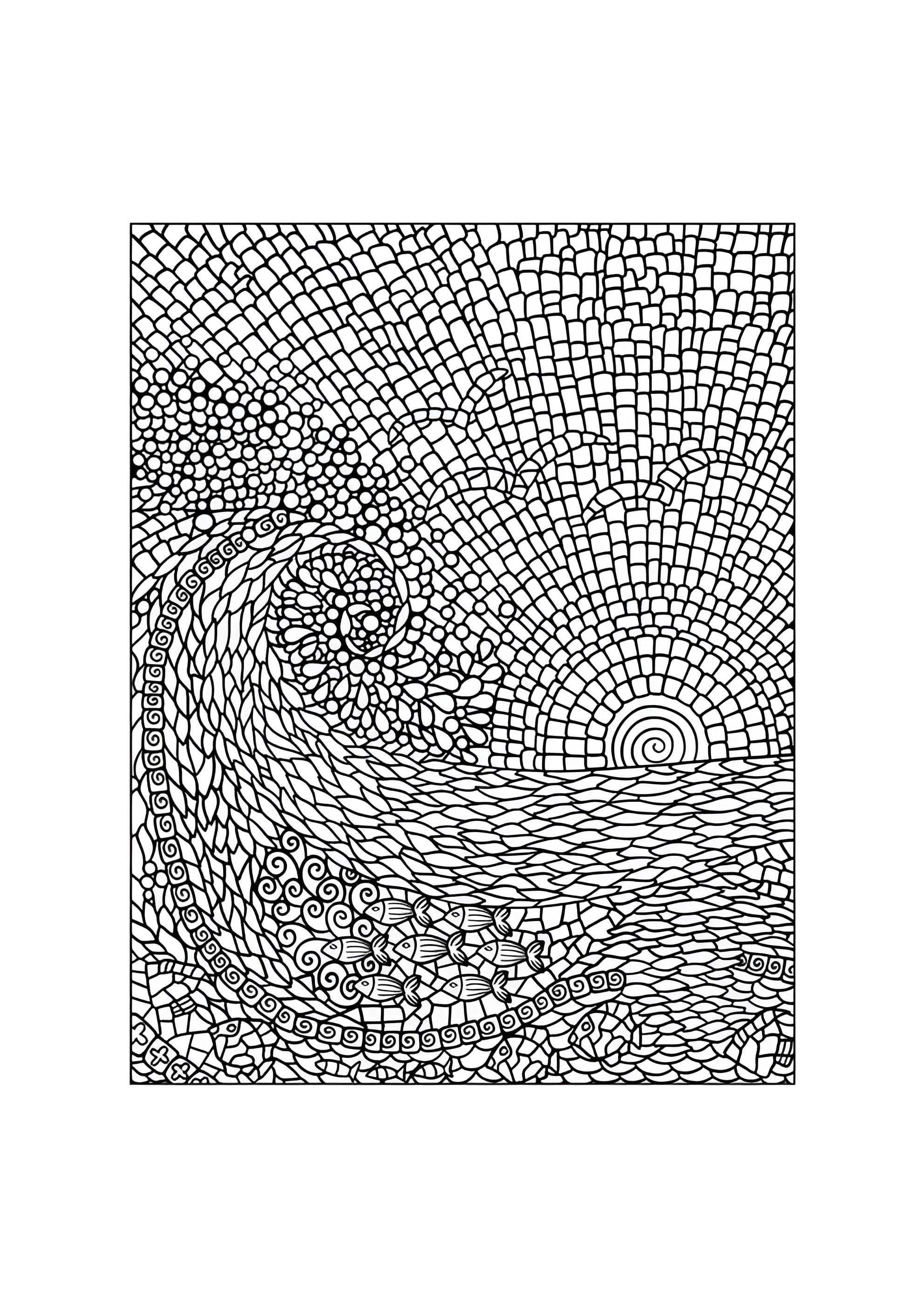 Раскраска Сложная мозаика с волнами, птицами и закатом