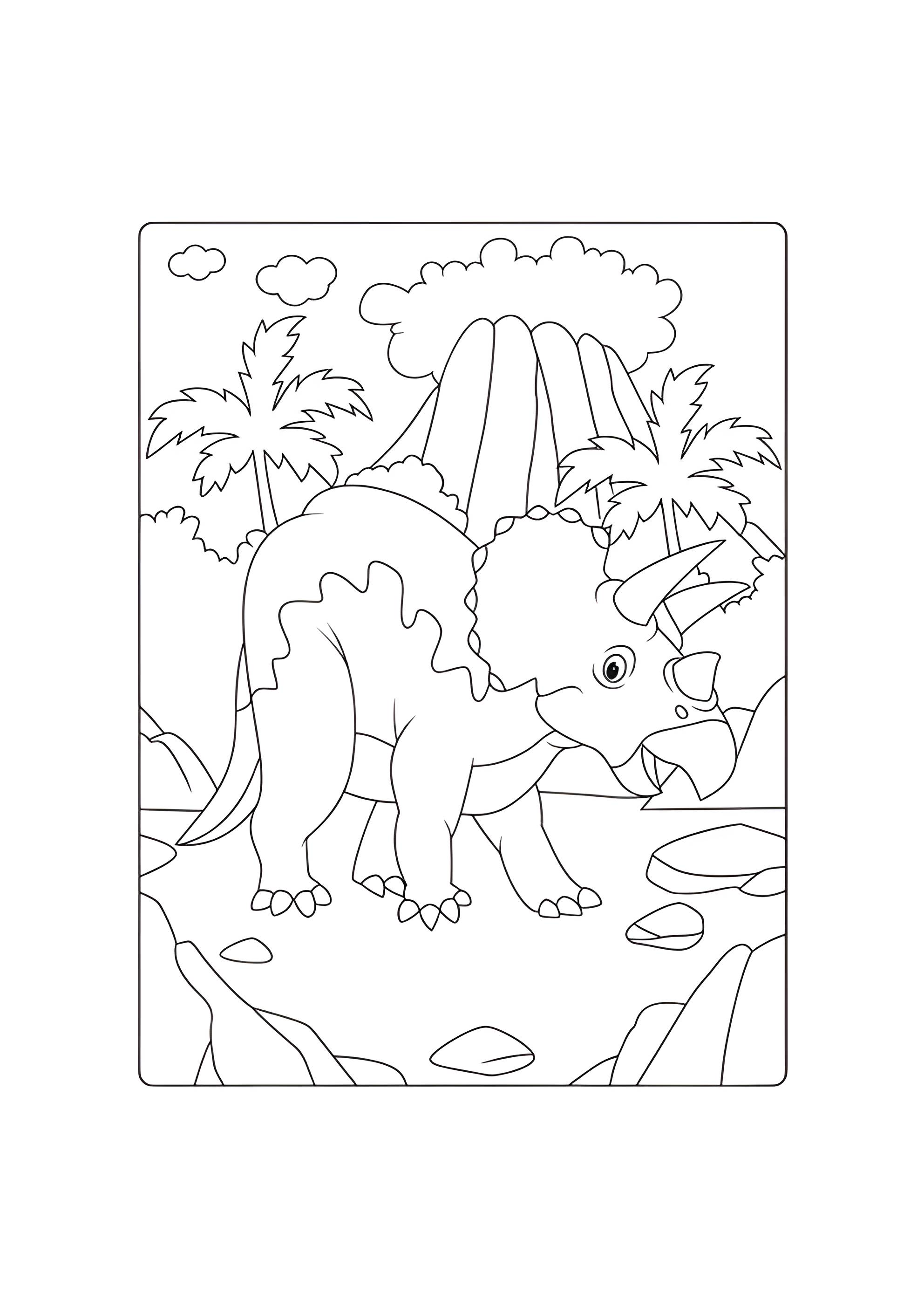 Раскраска Трицератопс рядом с вулканом