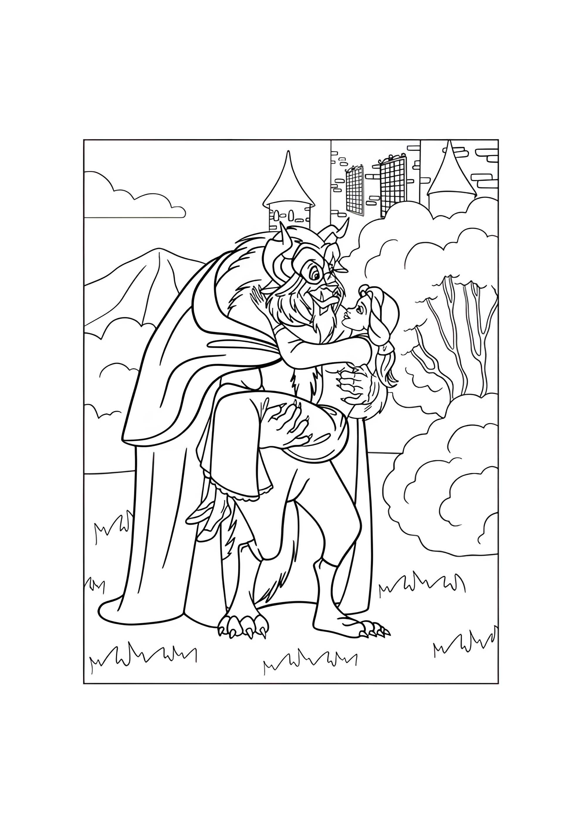 Раскраска Влюблённые Белль и Чудовище