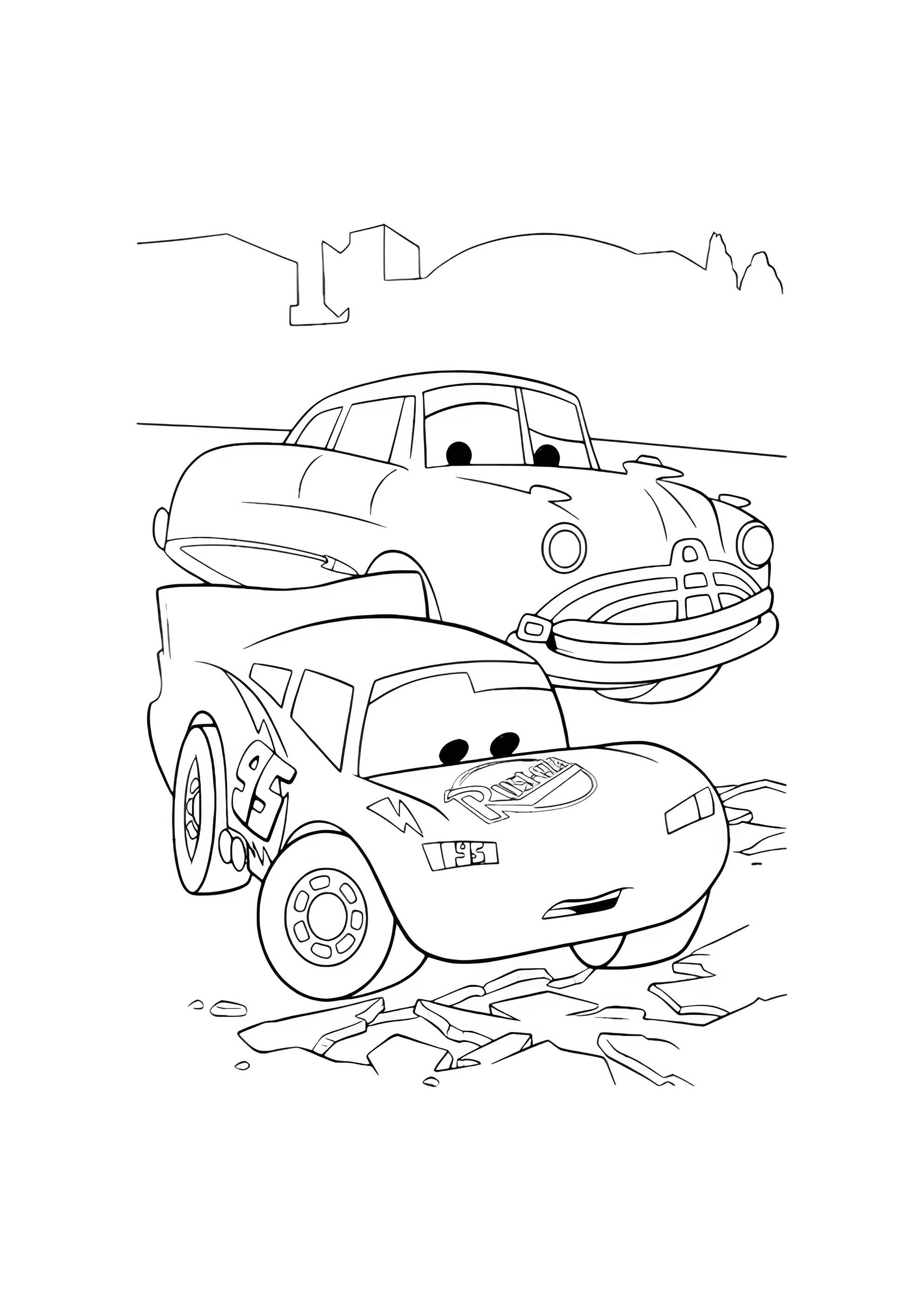 Раскраска МакКуин и Док Хадсон у разбитой дороги