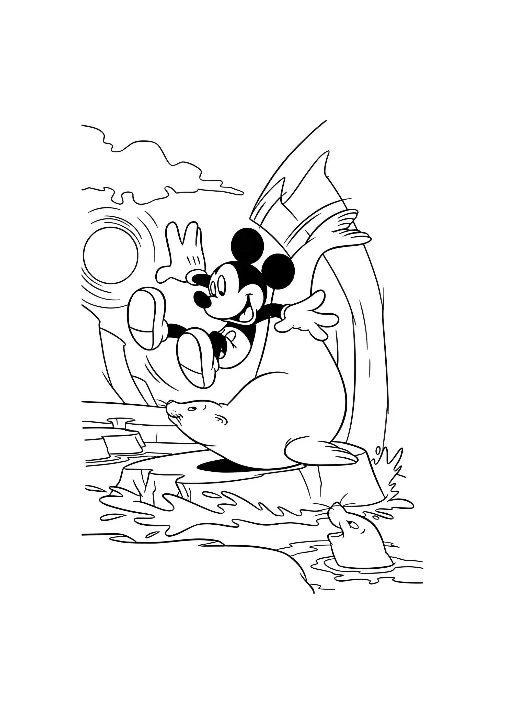 Раскраска Микки Маус катается на тюлене