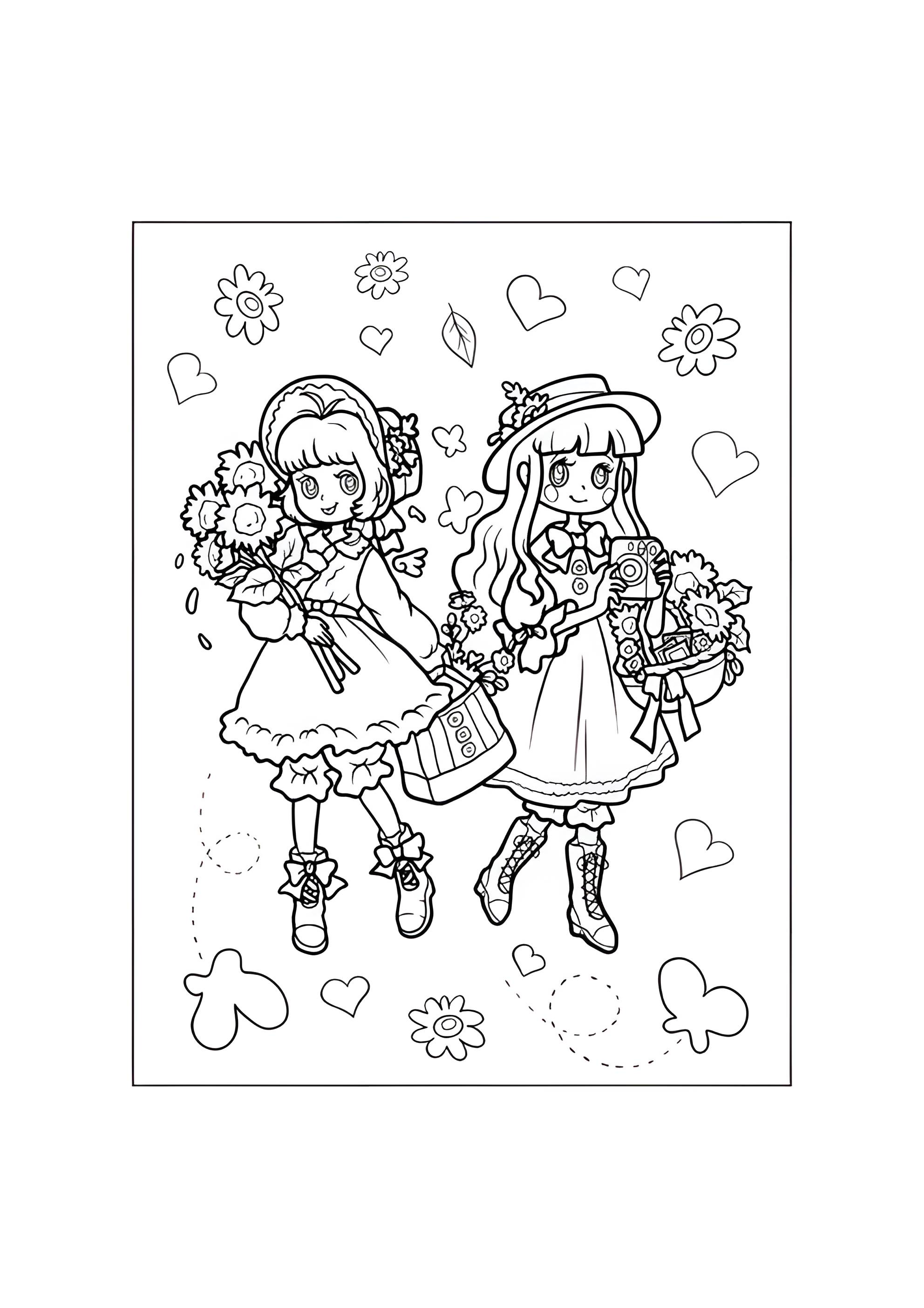 Раскраска Аниме девочки с весенними цветами