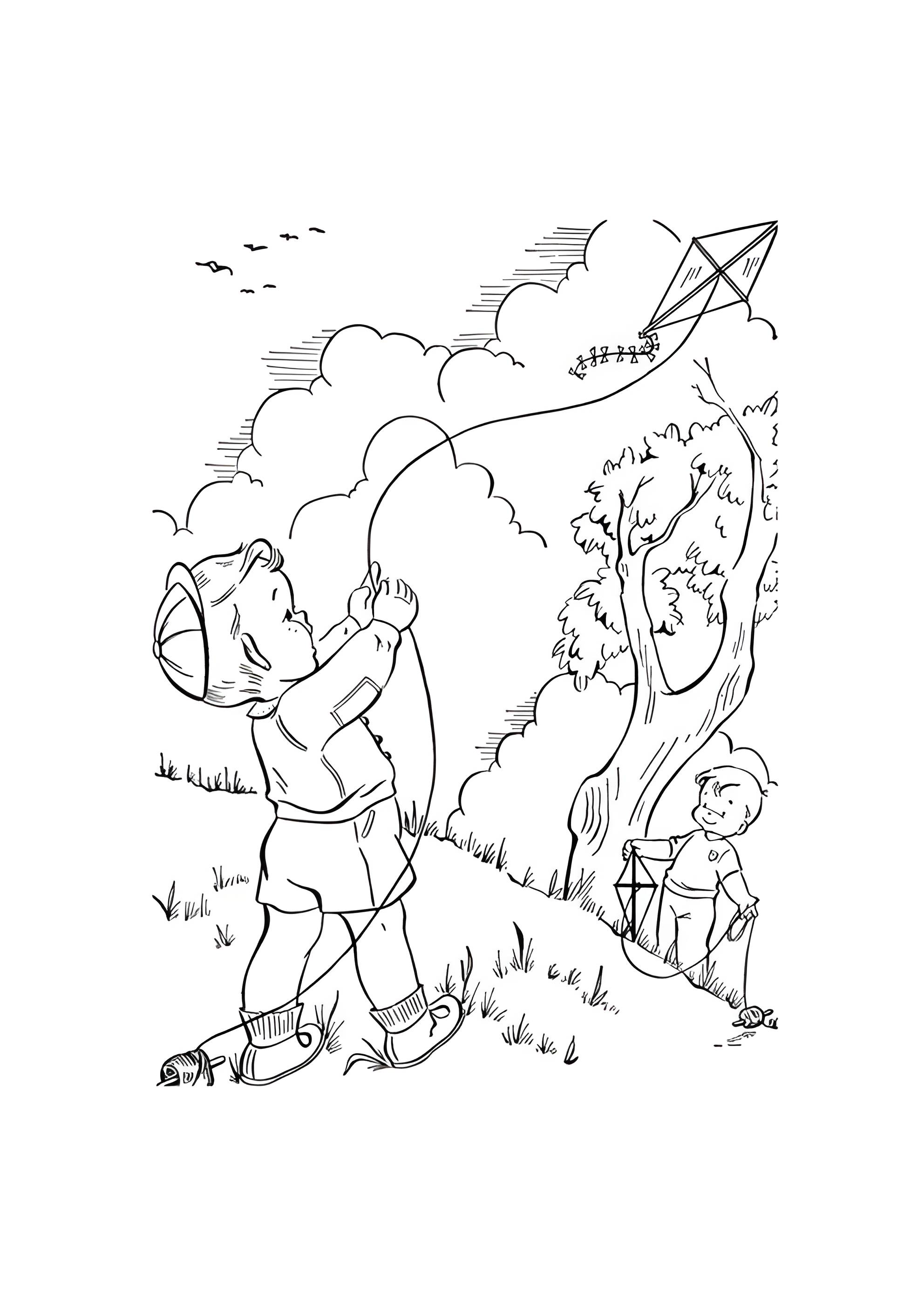 Раскраска Дети запускают змея