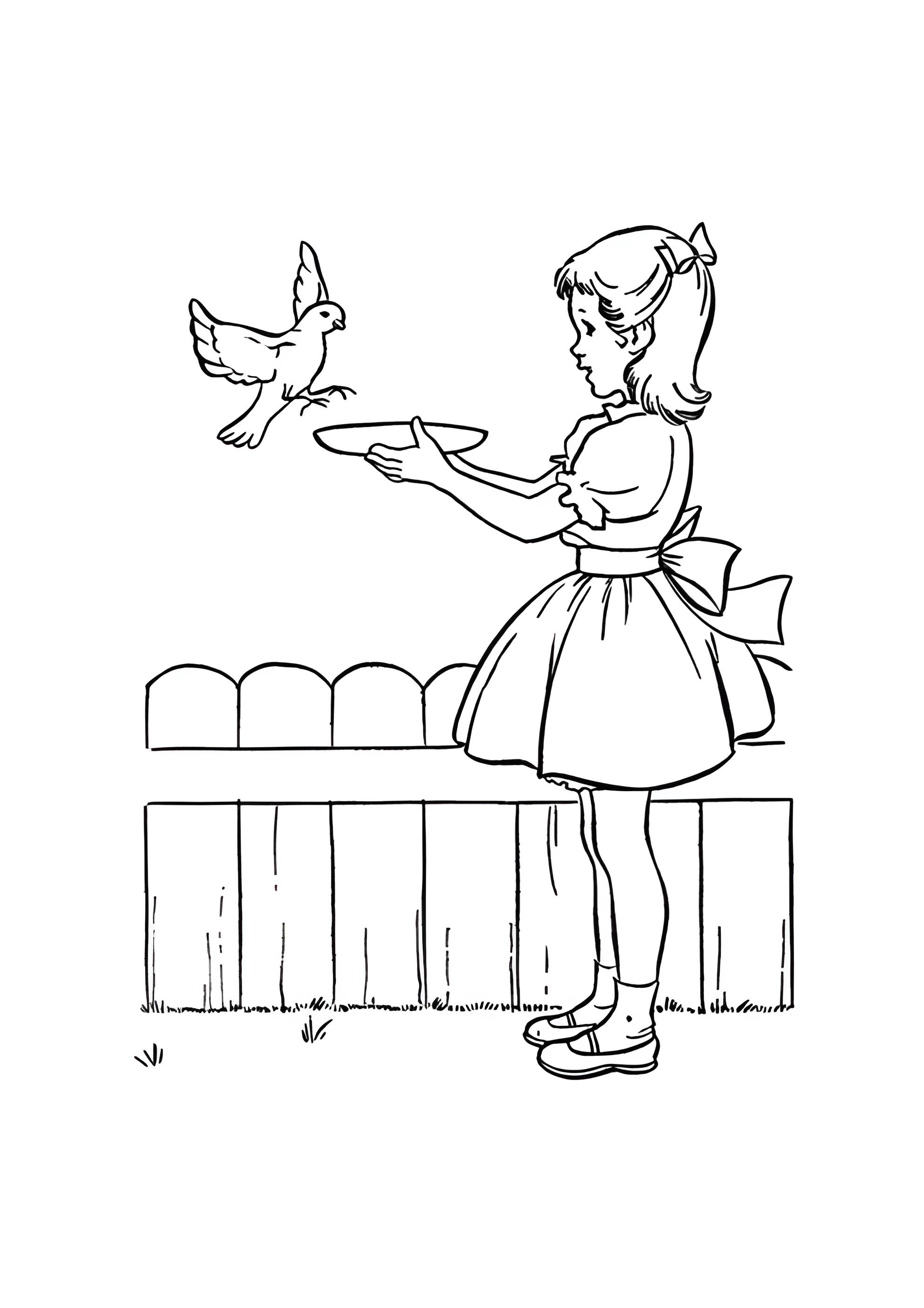 Раскраска Девочка кормит птичку
