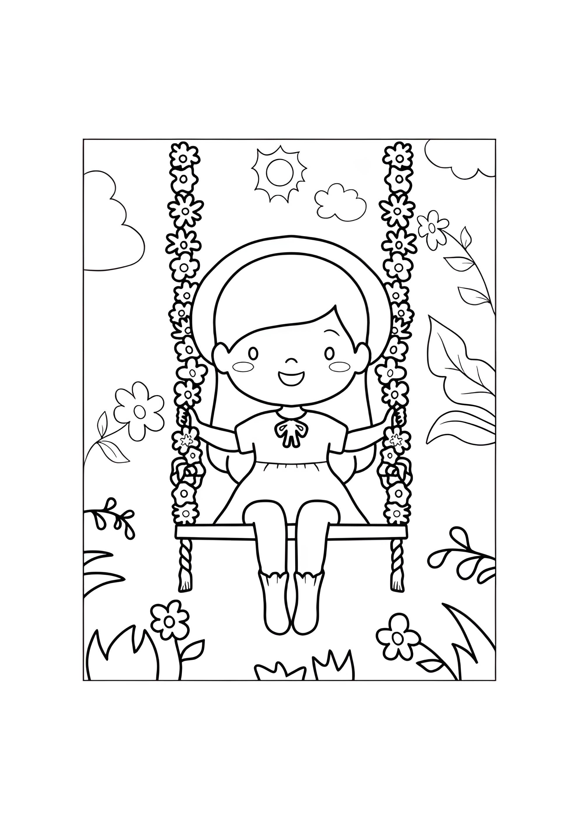 Раскраска Девочка на цветочных качельках