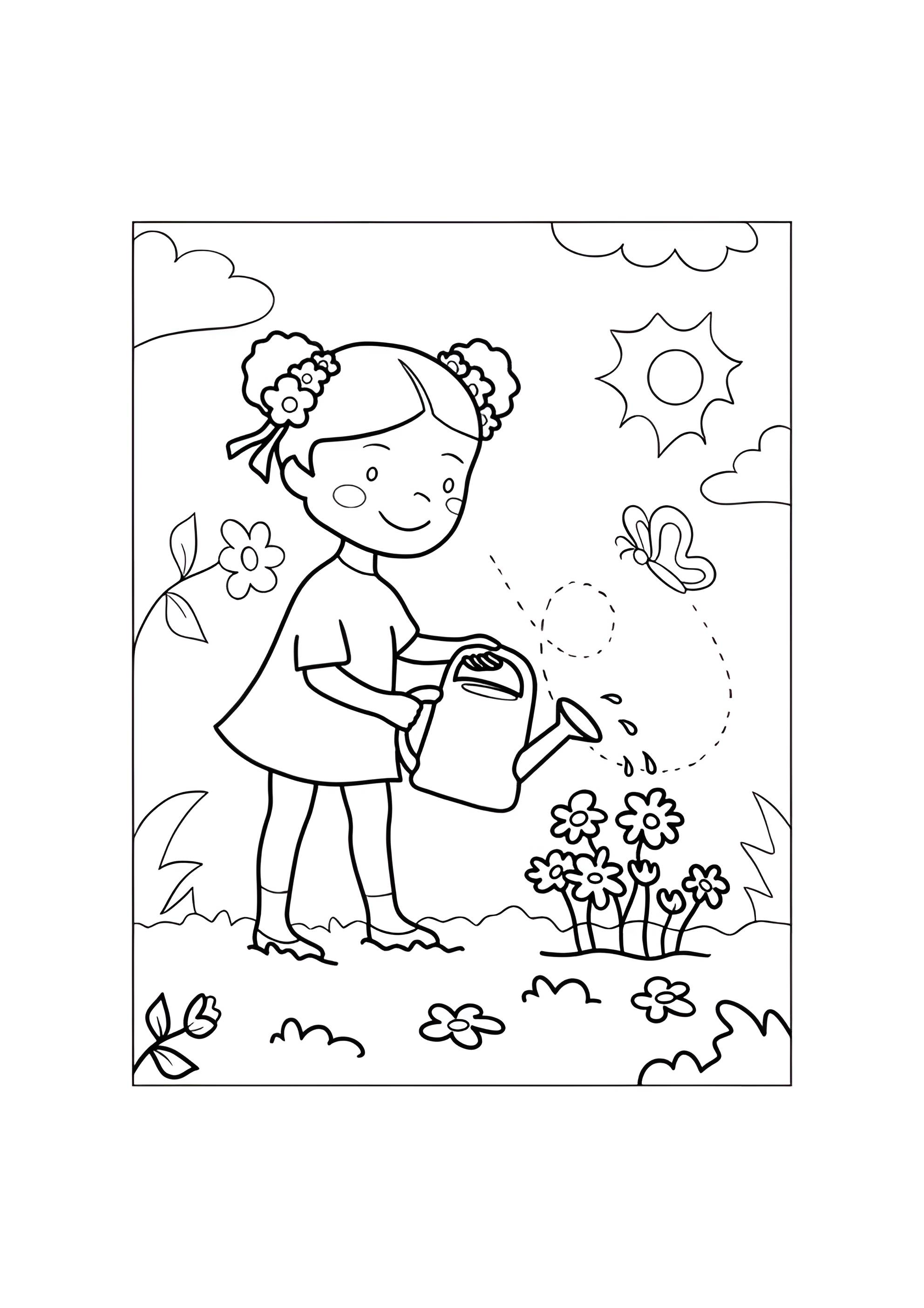 Раскраска Девочка поливает цветы