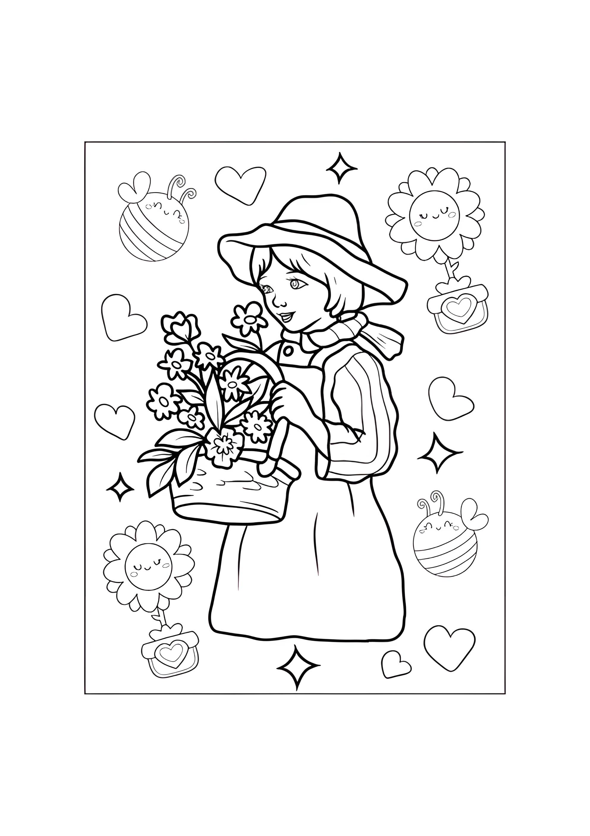 Раскраска Девочка с корзинкой цветов