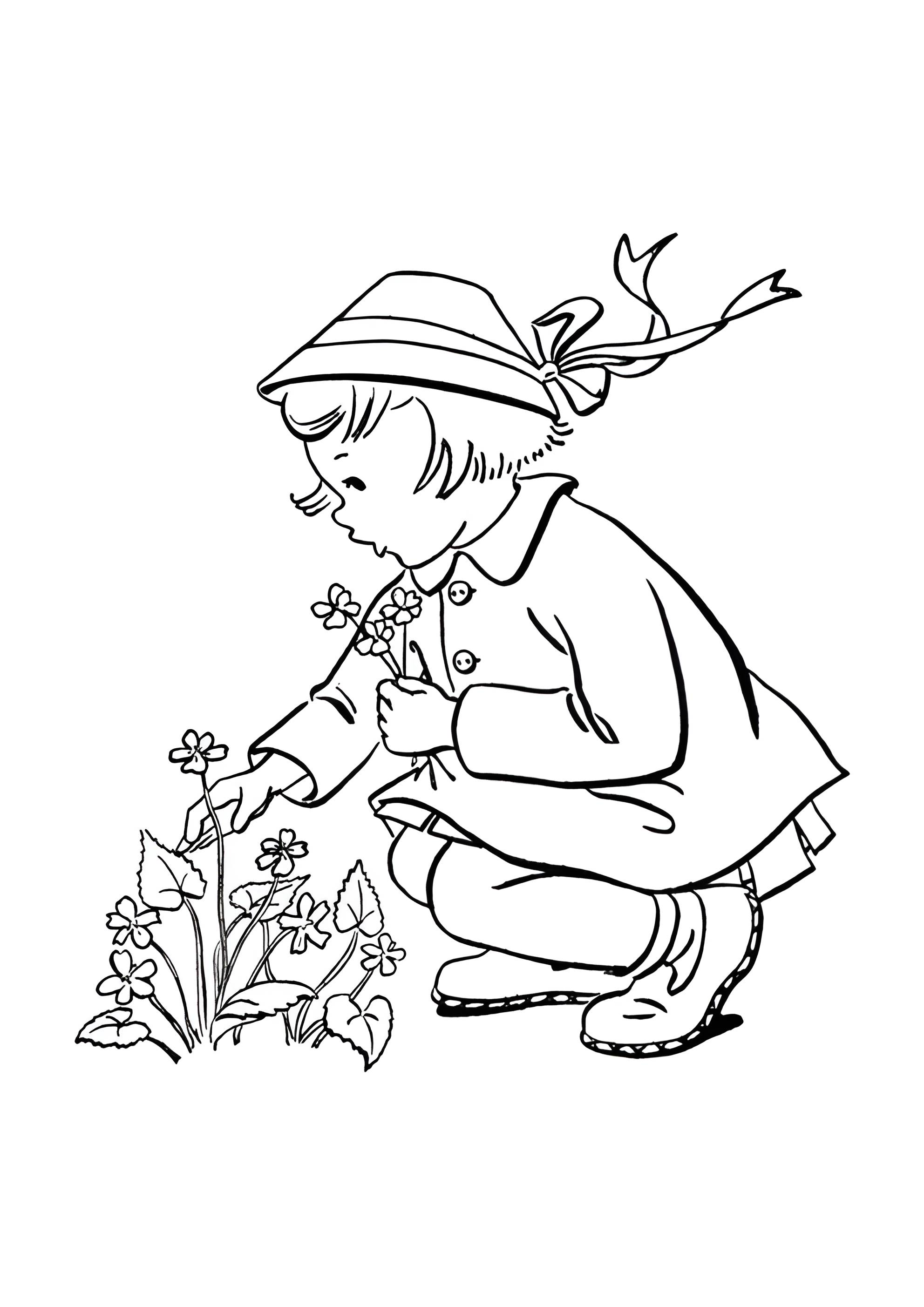 Раскраска Девочка собирает весенние цветы