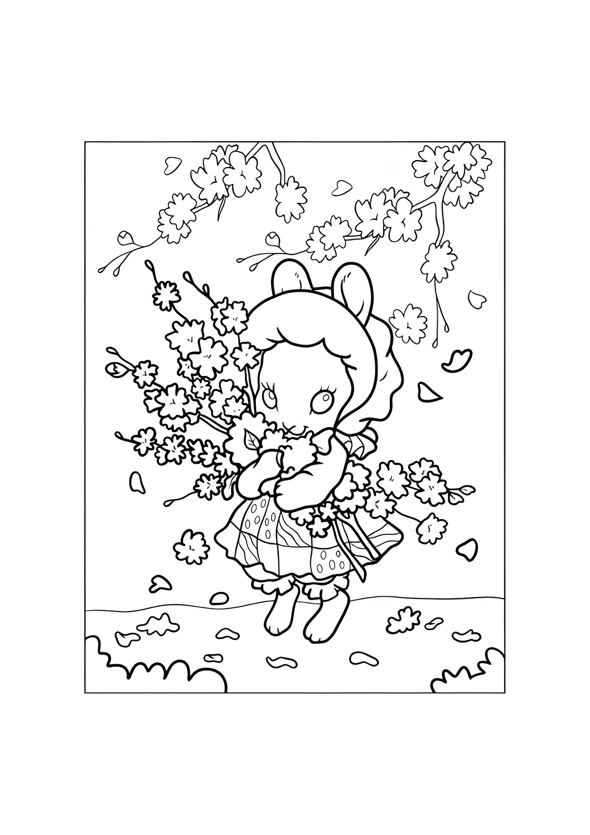 Раскраска Кавайи зайчиха с цветами