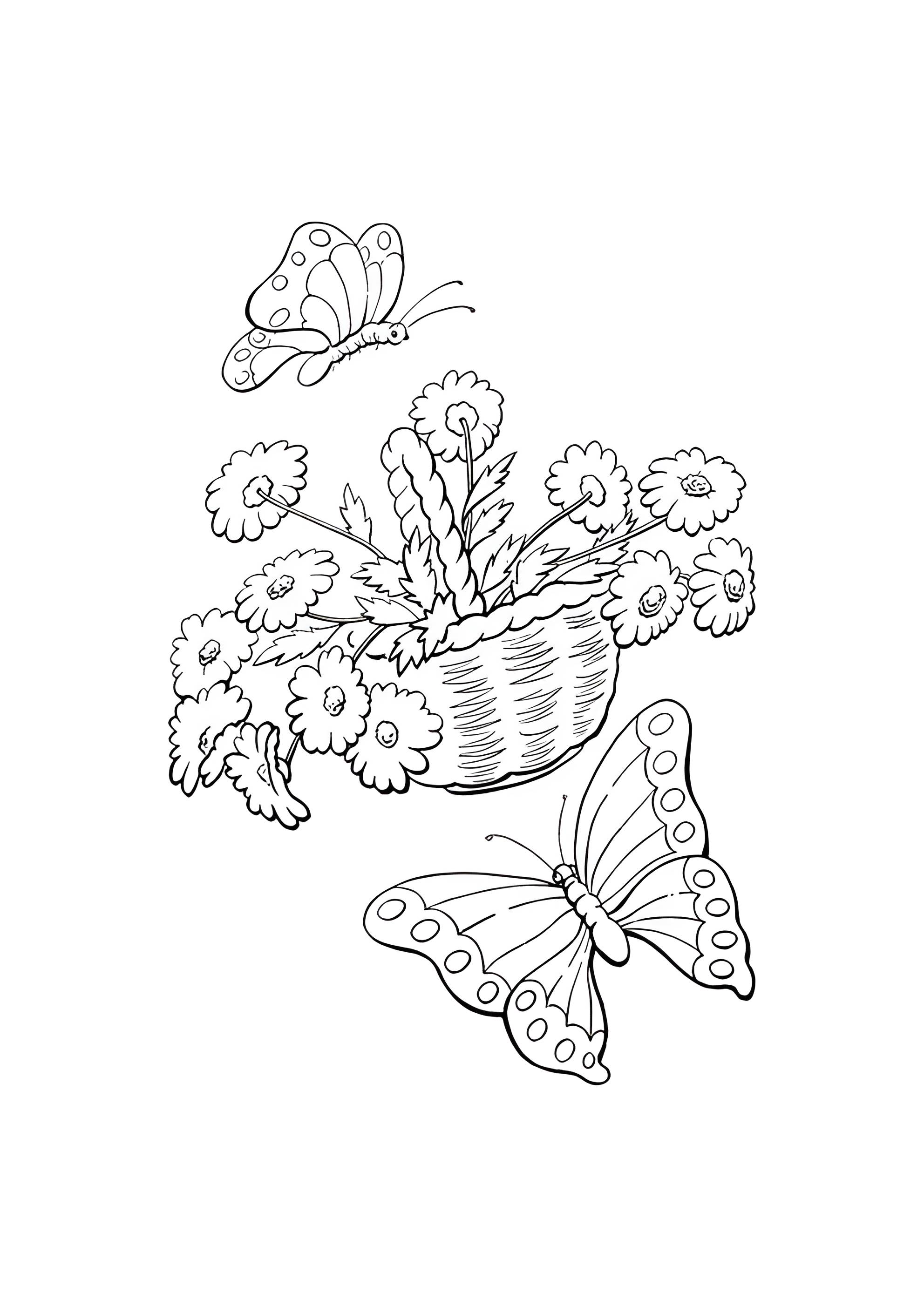 Раскраска Корзина цветов и бабочки