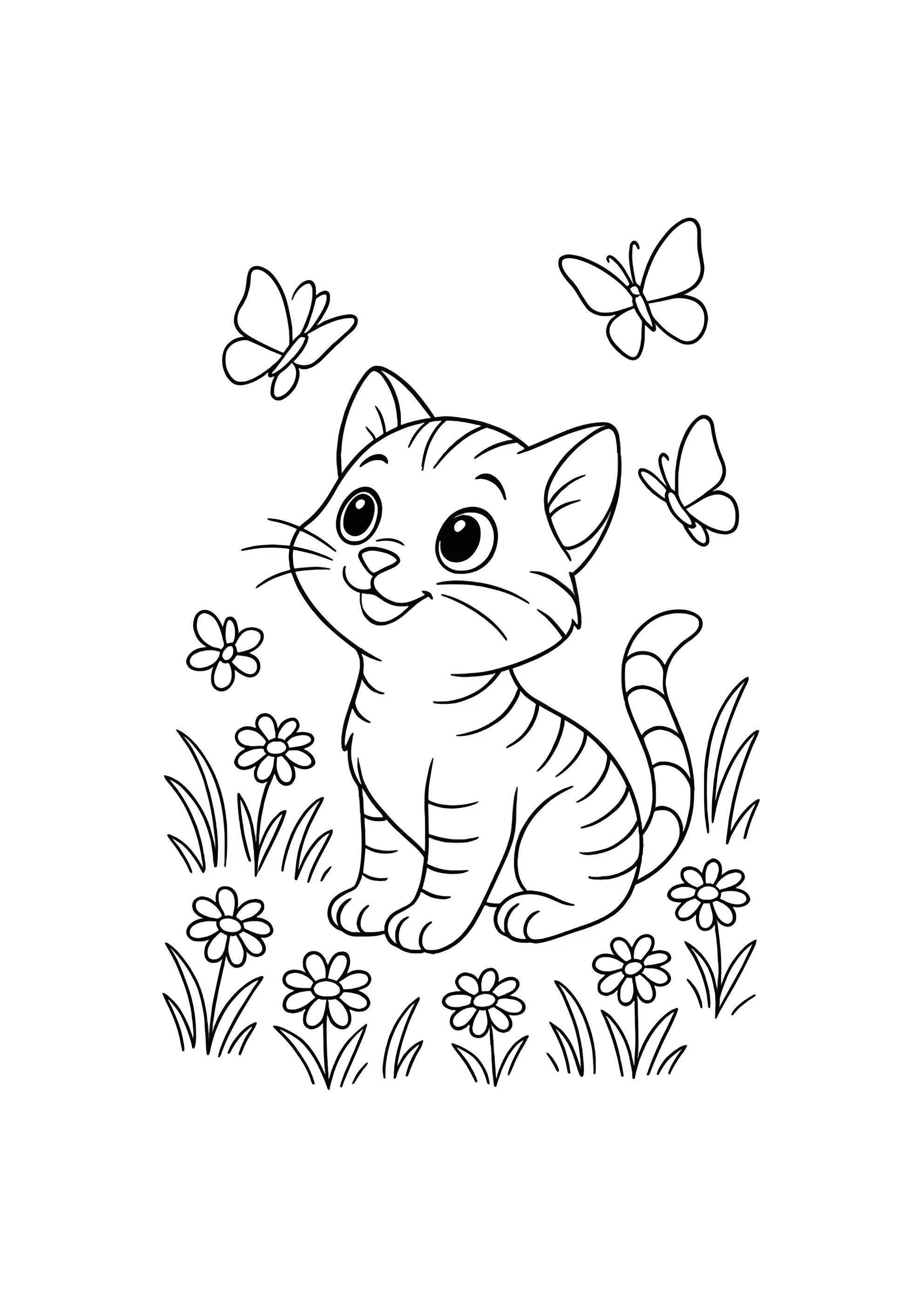 Раскраска Котик и бабочки в поле