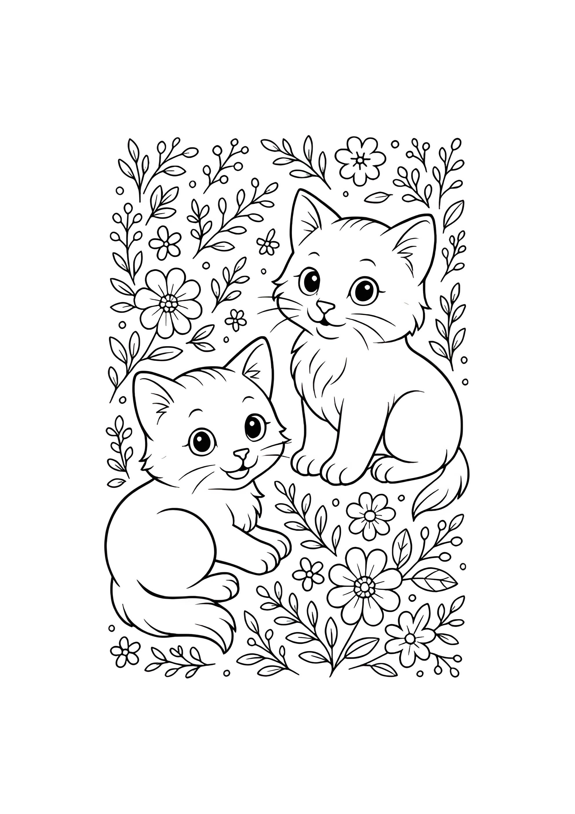 Раскраска Котята в цветах