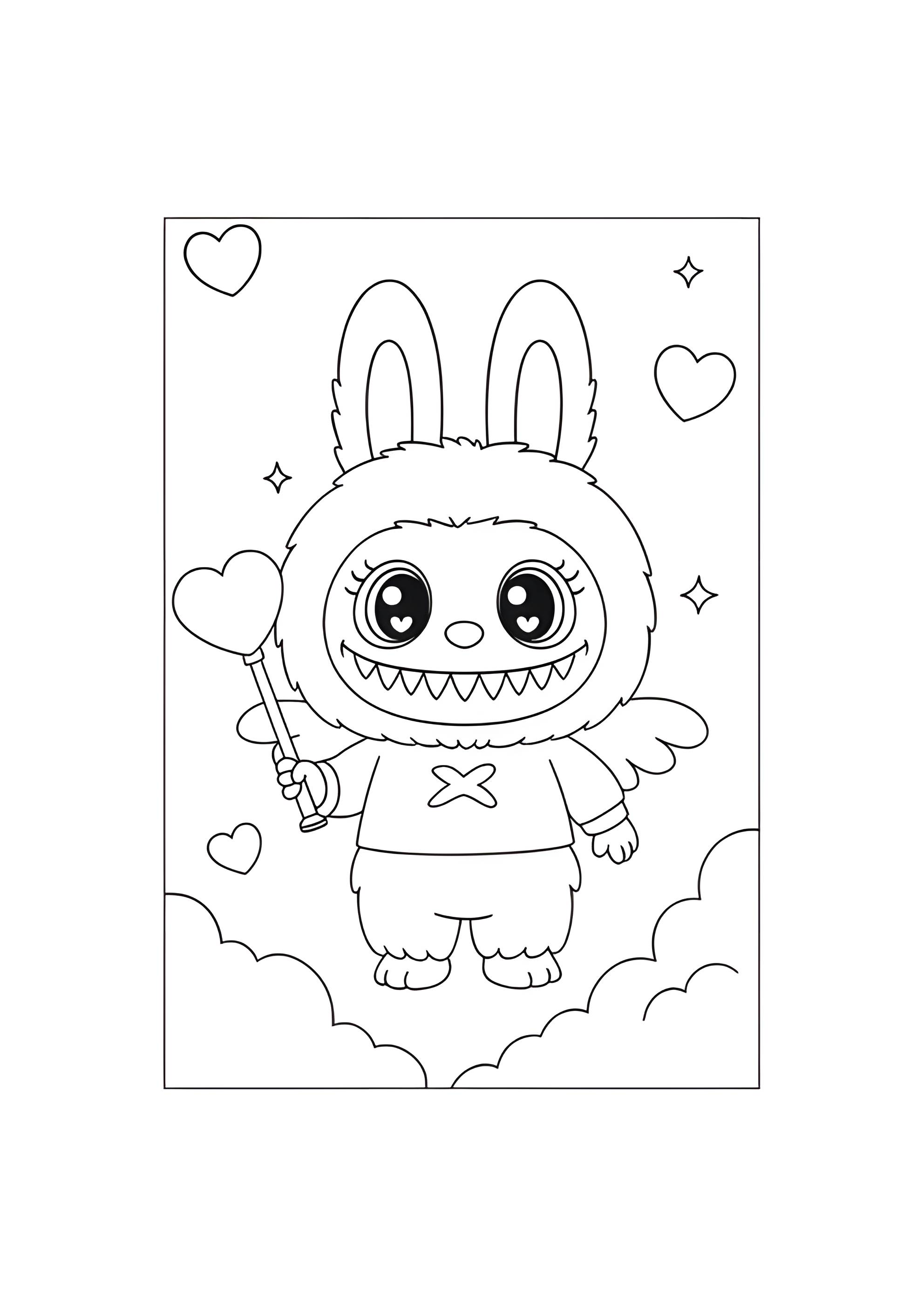 Раскраска Лабубу с сердечками в облаках