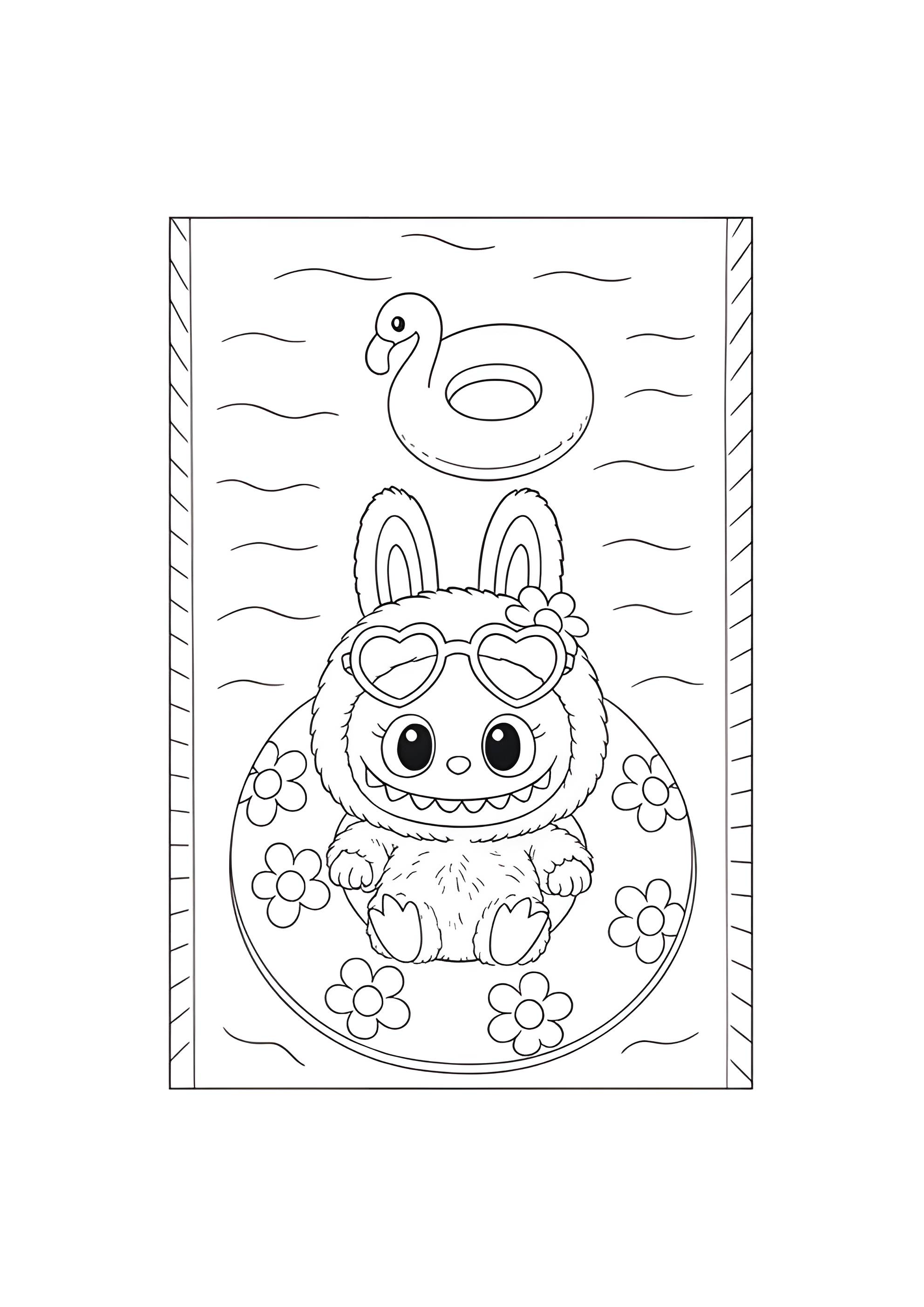 Раскраска Лабубу в бассейне с надувным фламинго