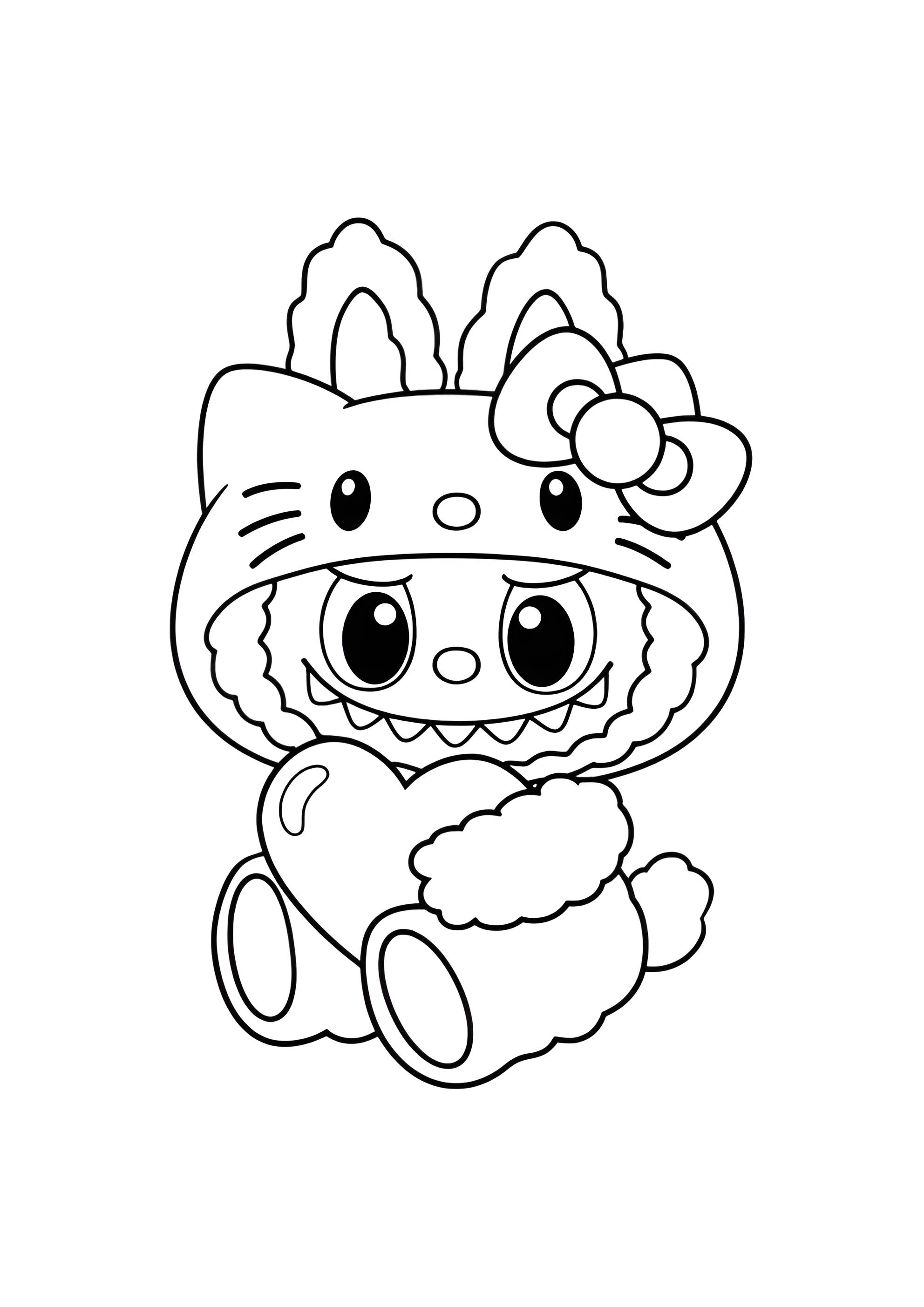 Раскраска Лабубу в костюме Хеллоу Китти с сердечком