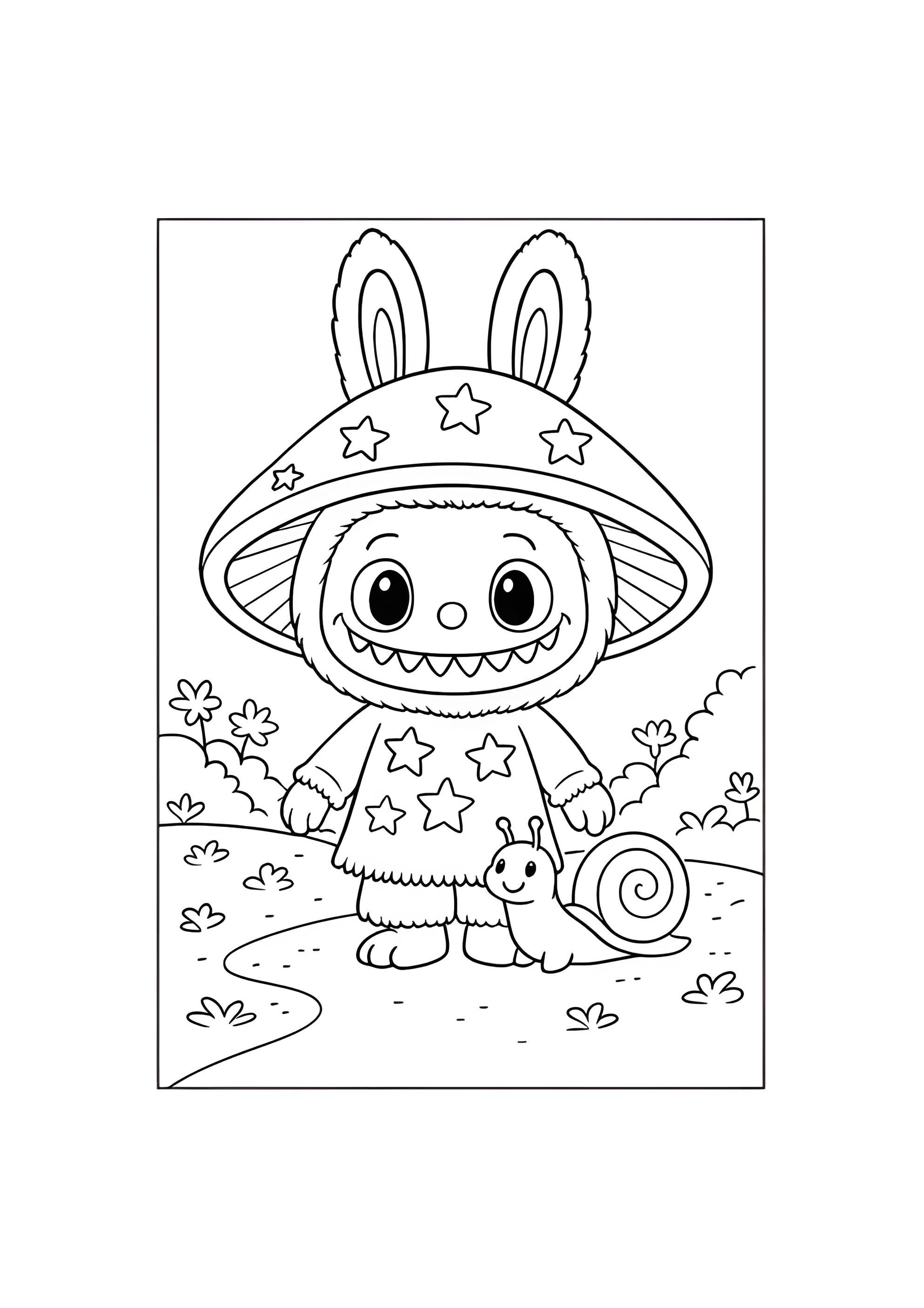 Раскраска Лабубу в шапке-грибе с улиткой