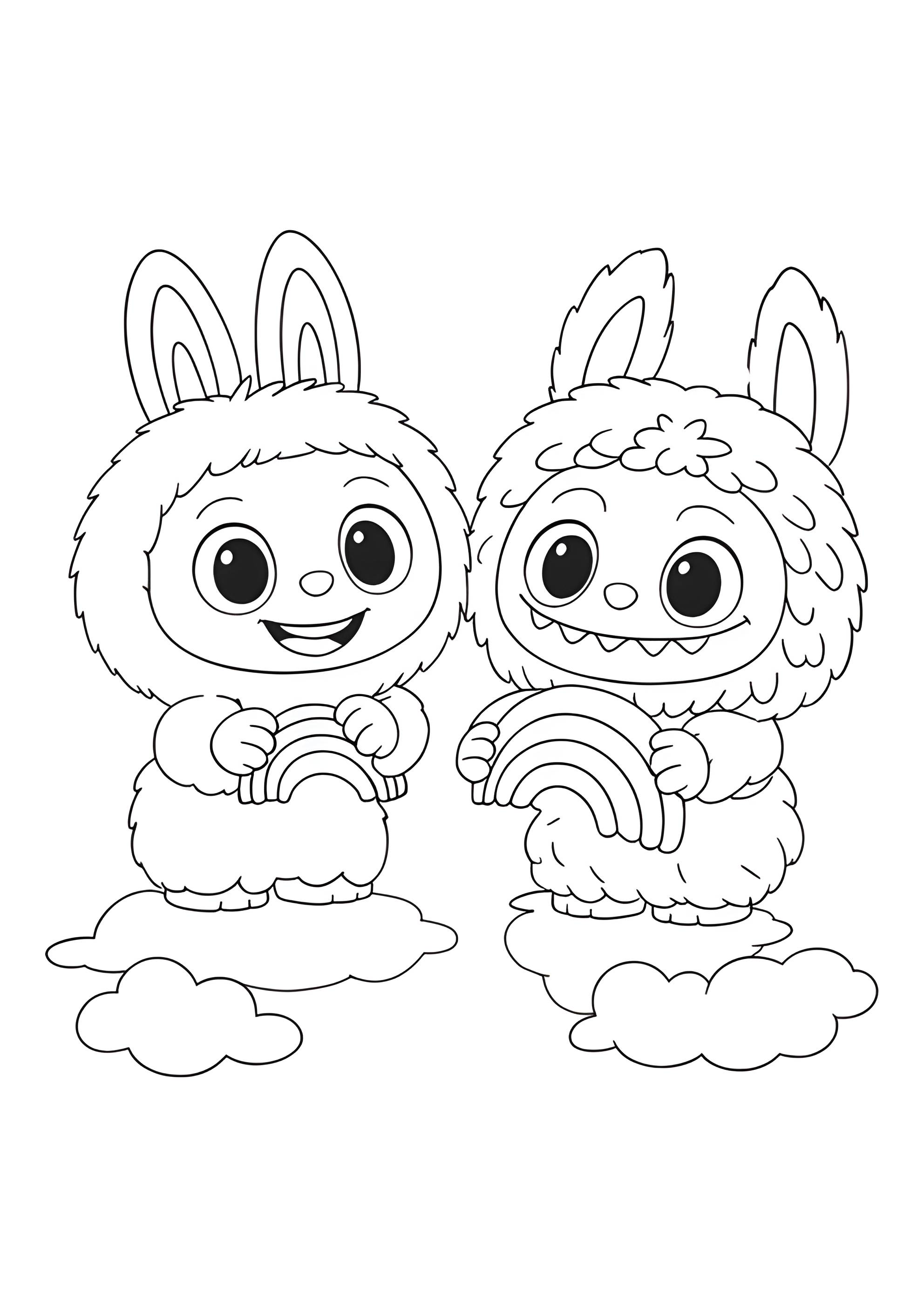 Раскраска Лабубы с радугами в руках