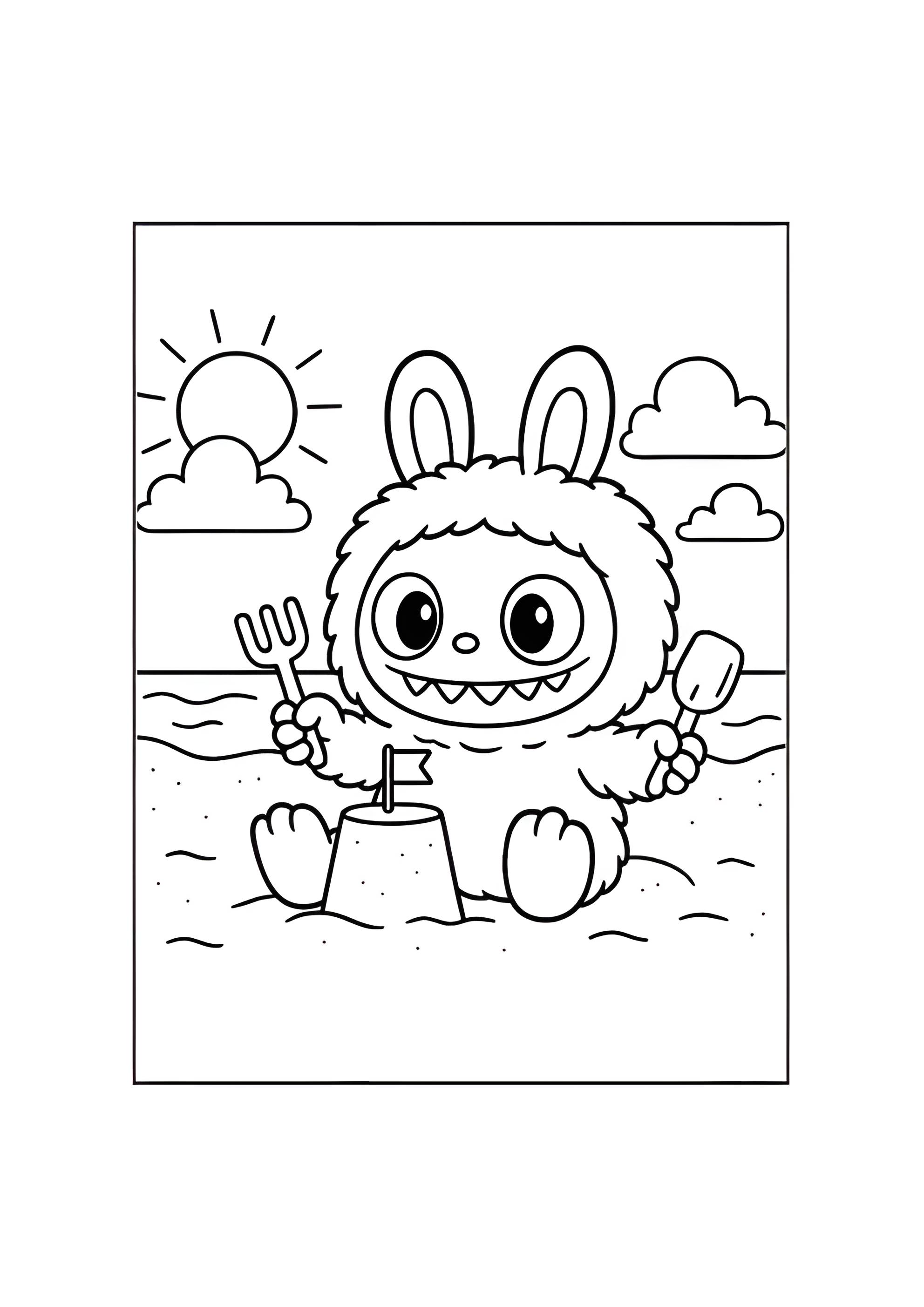 Раскраска Малышка Лабубу играет на пляже