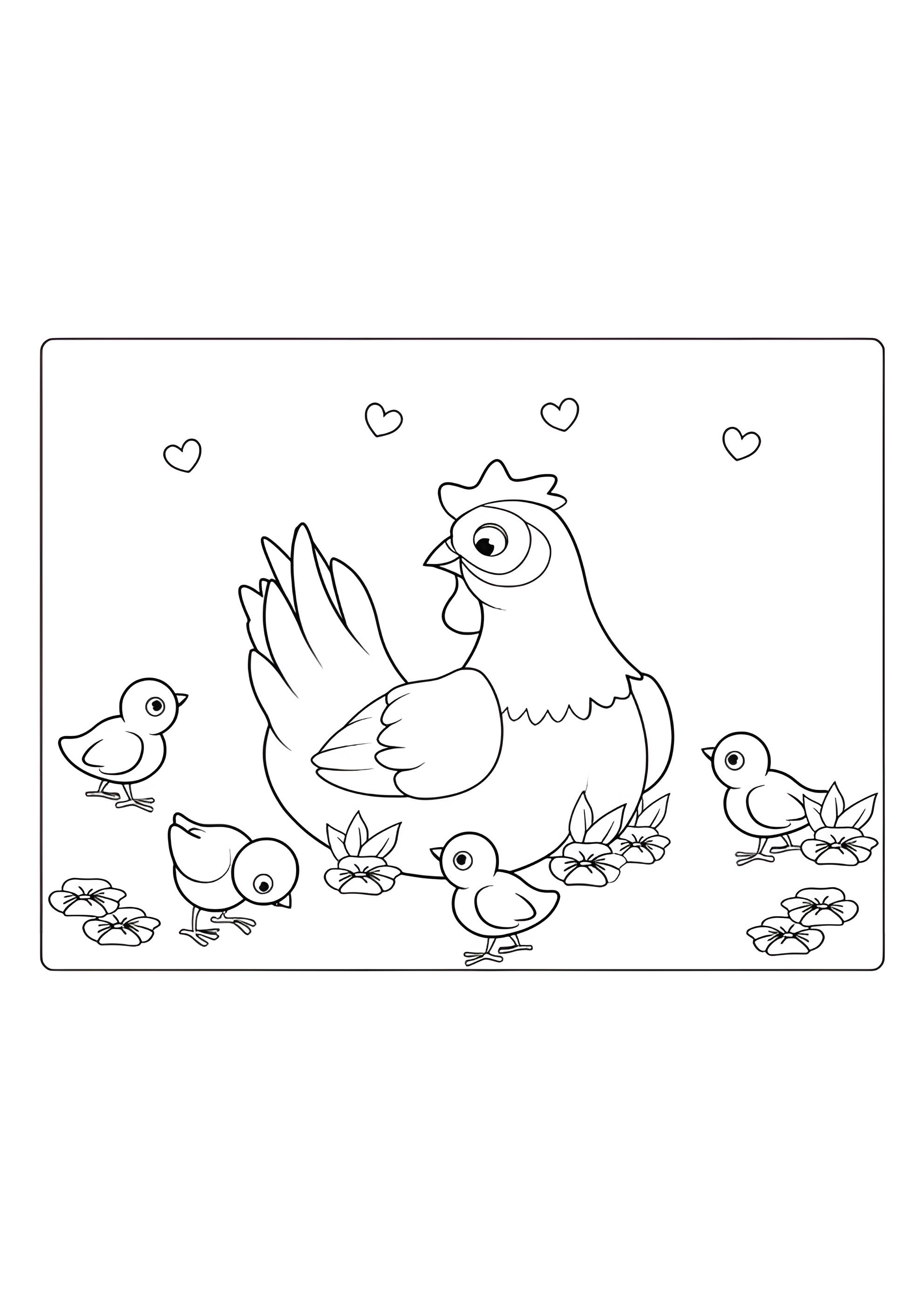Раскраска Мама курочка с цыплятами