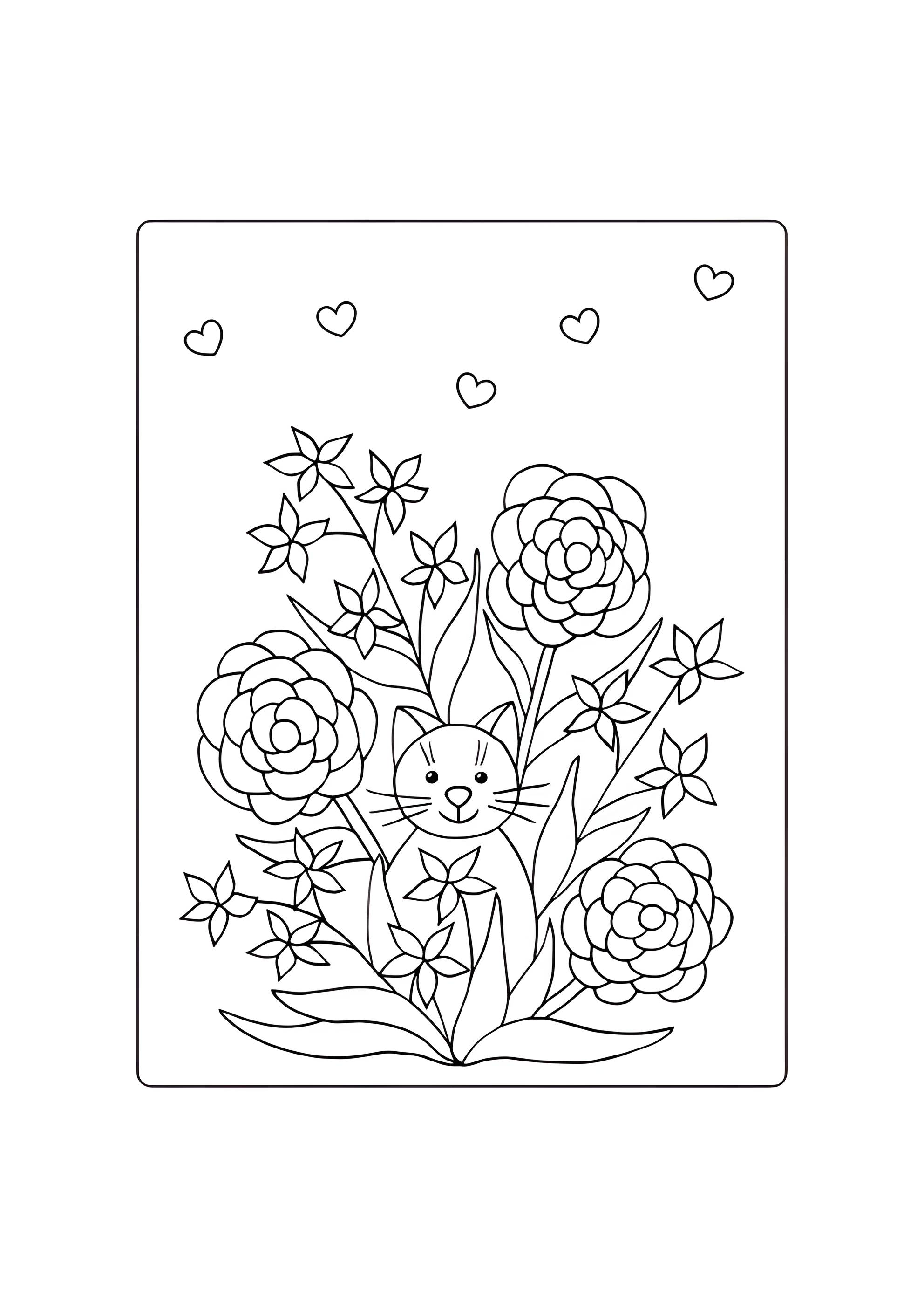 Раскраска Милый котёнок в весенних цветах