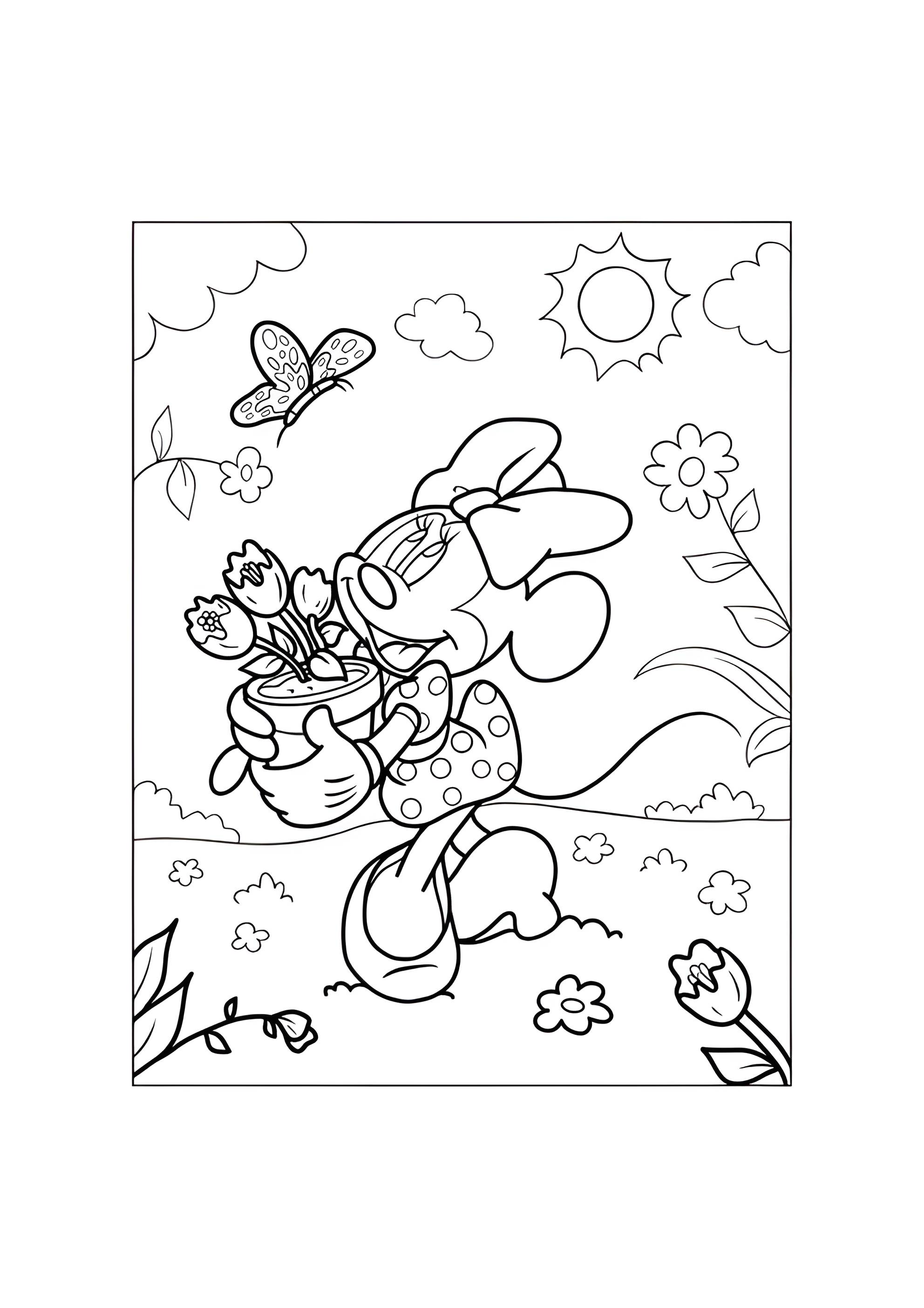 Раскраска Минни Маус с цветами