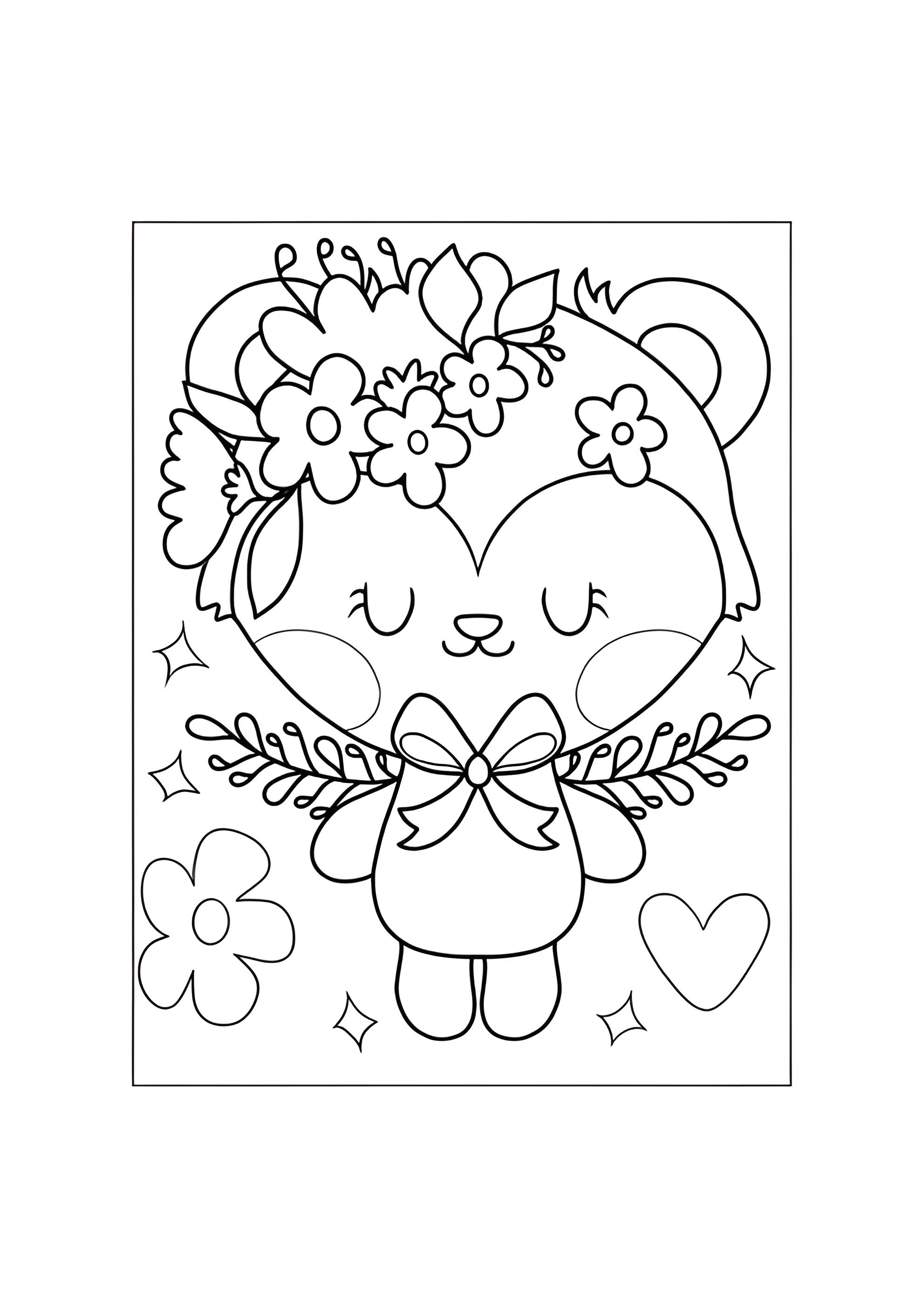 Раскраска Мультяшный медвежонок с цветочным венком