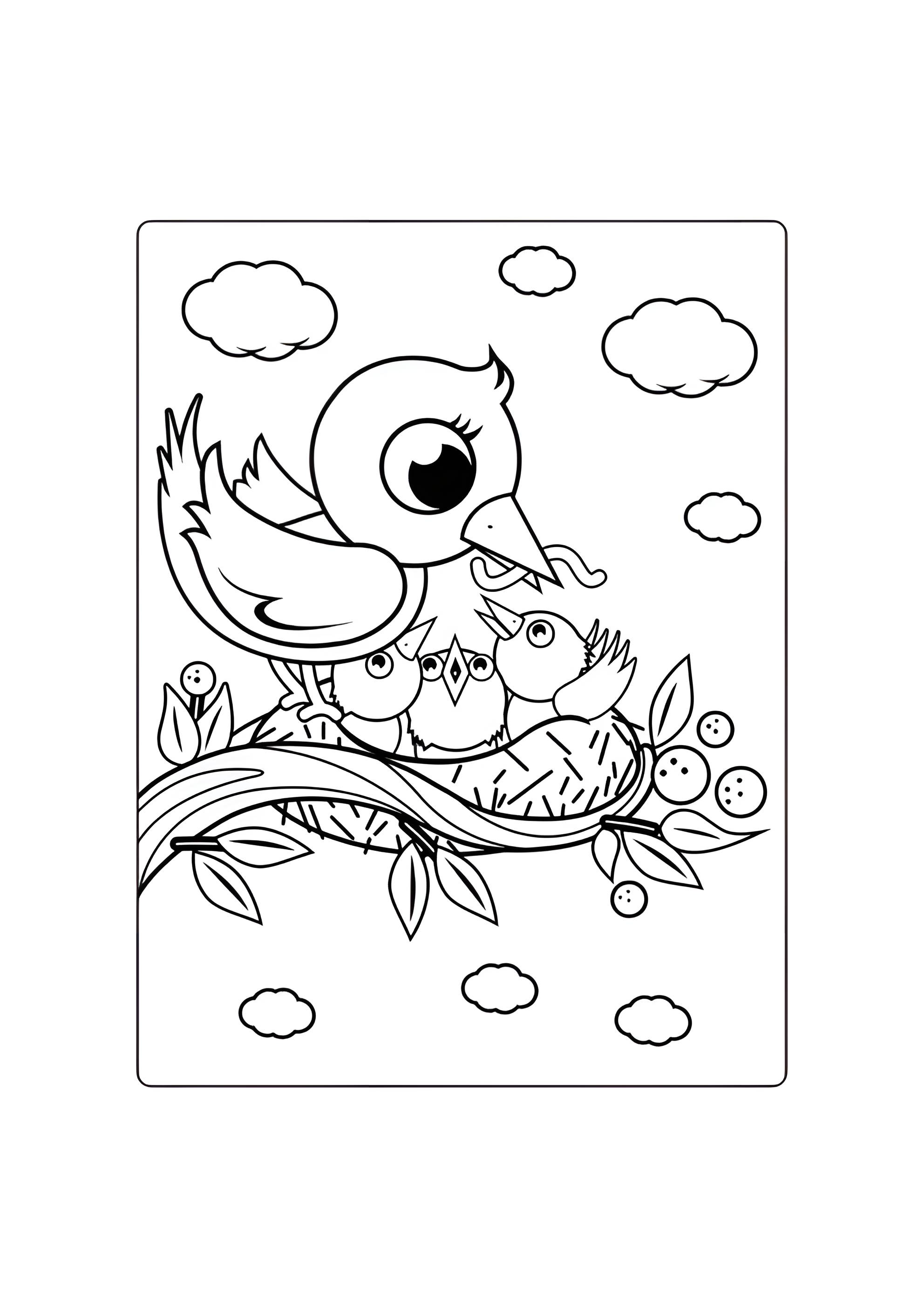 Раскраска Птичка с птенцами весной