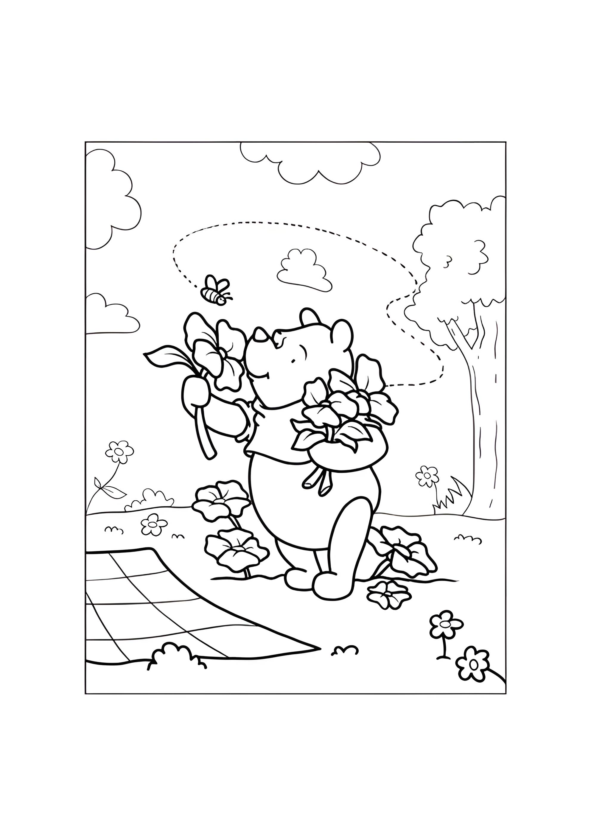 Раскраска Винни Пух и весенние цветы