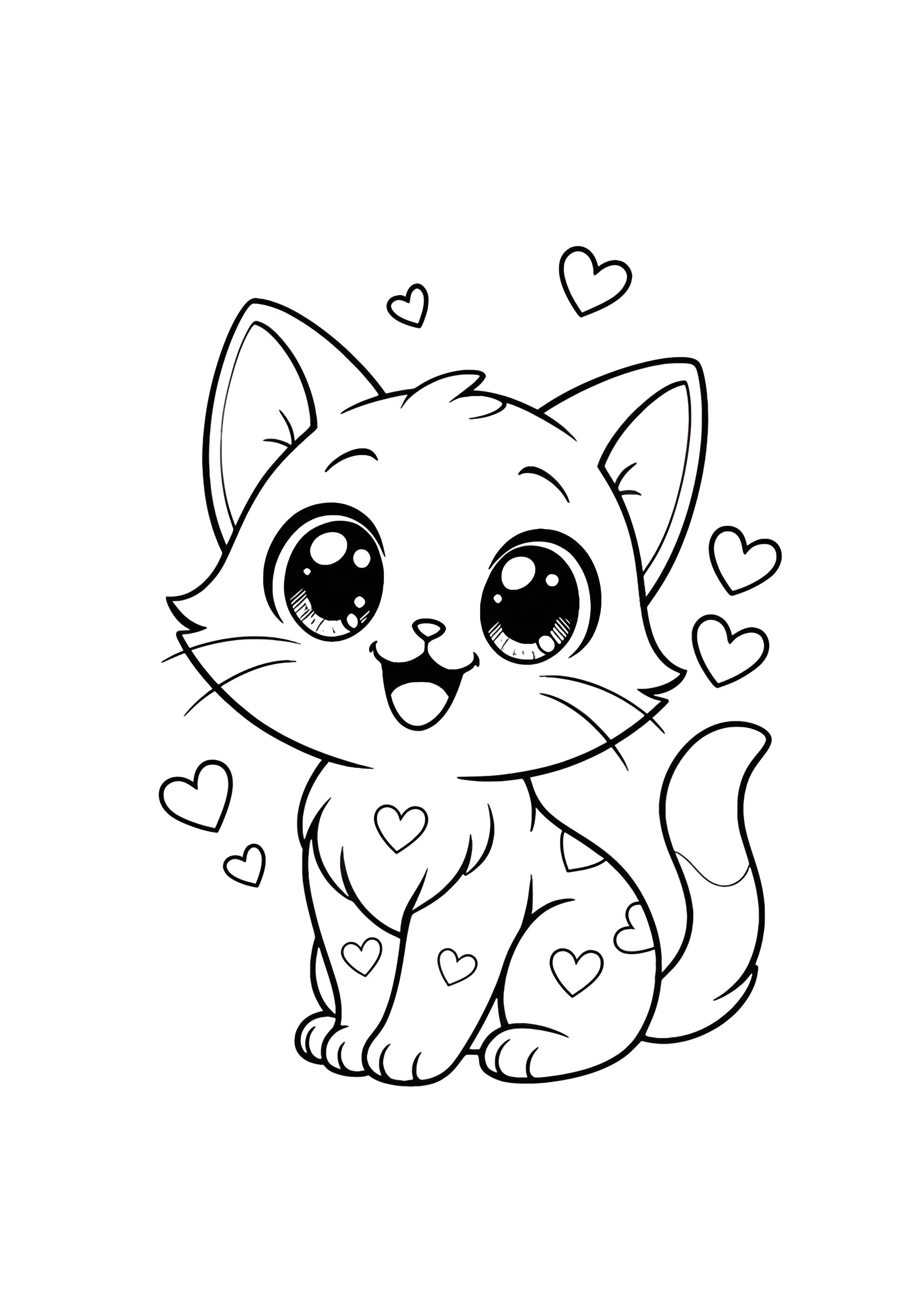 Раскраска Аниме милый кот с сердечками