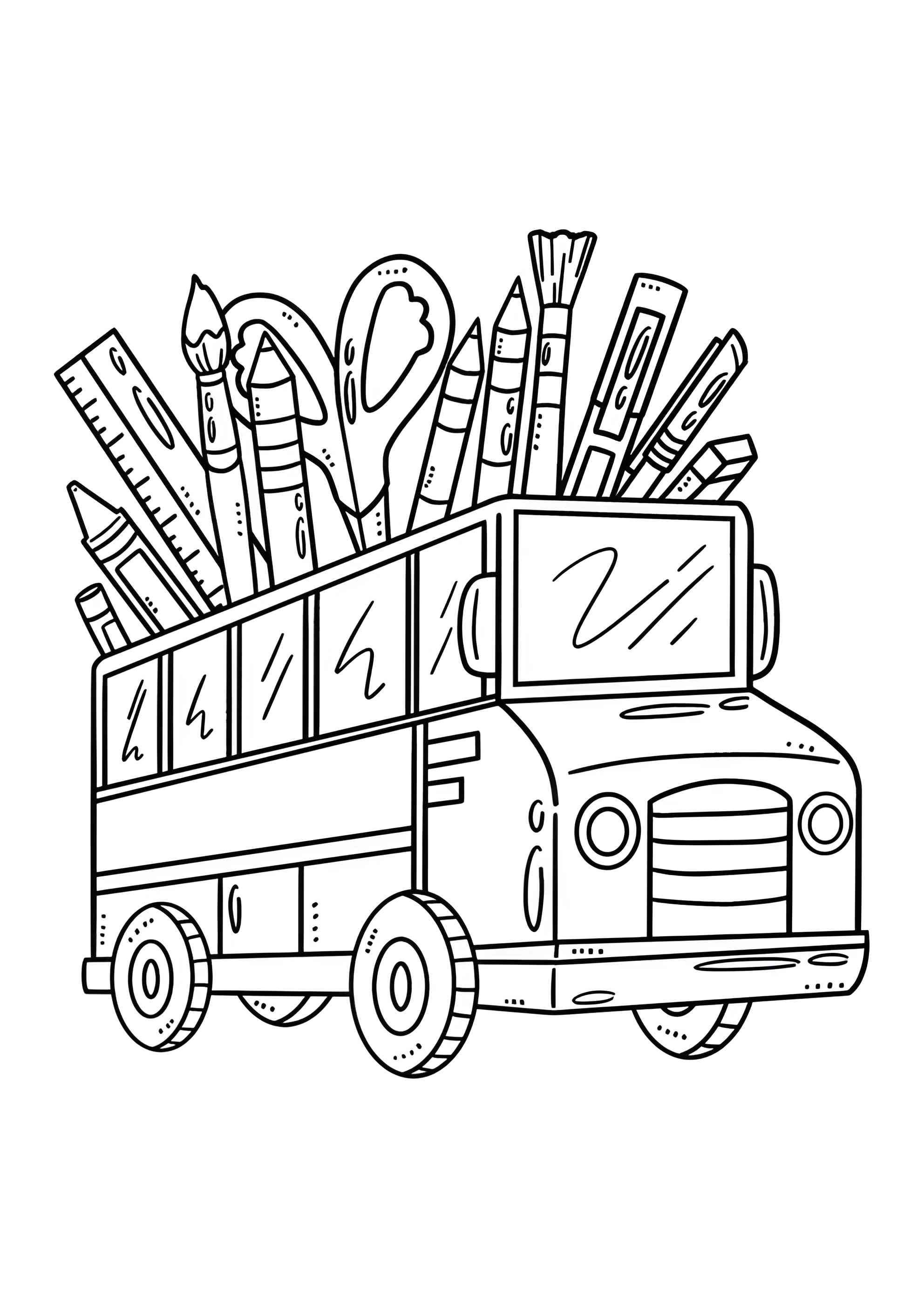 Раскраска Автобус с канцтоварами