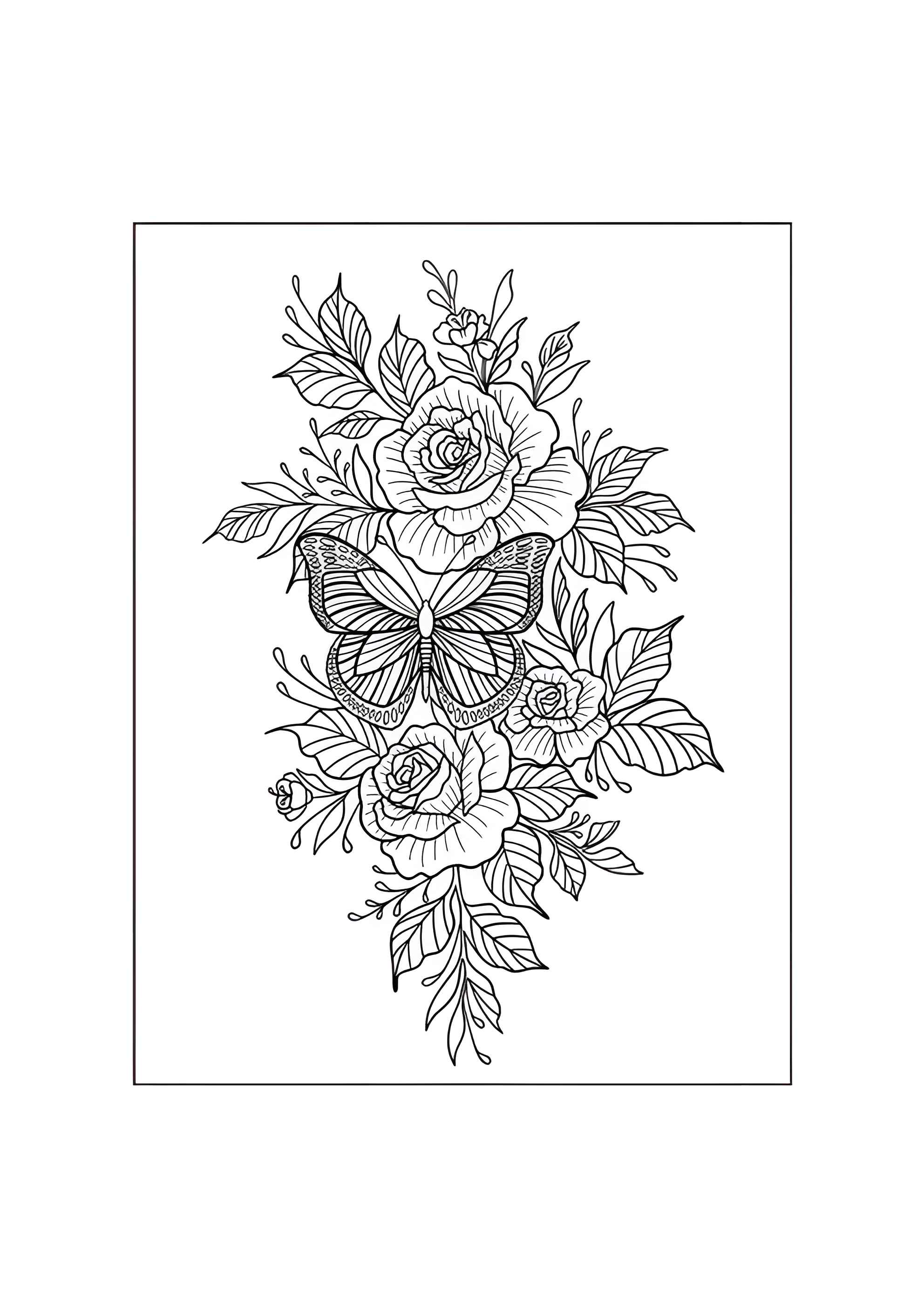 Раскраска Бабочка на букете роз