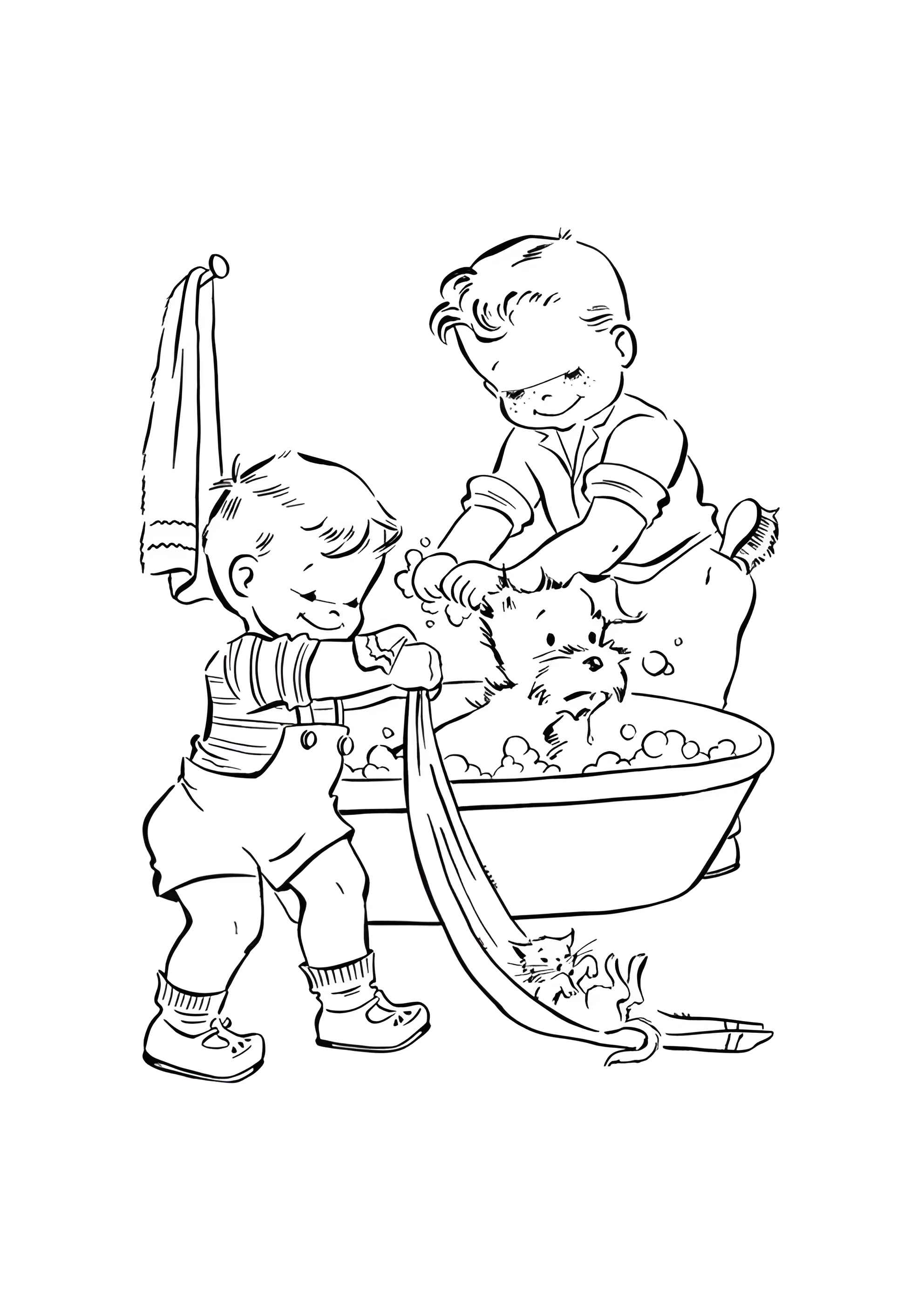 Раскраска Банный день у кота и собаки