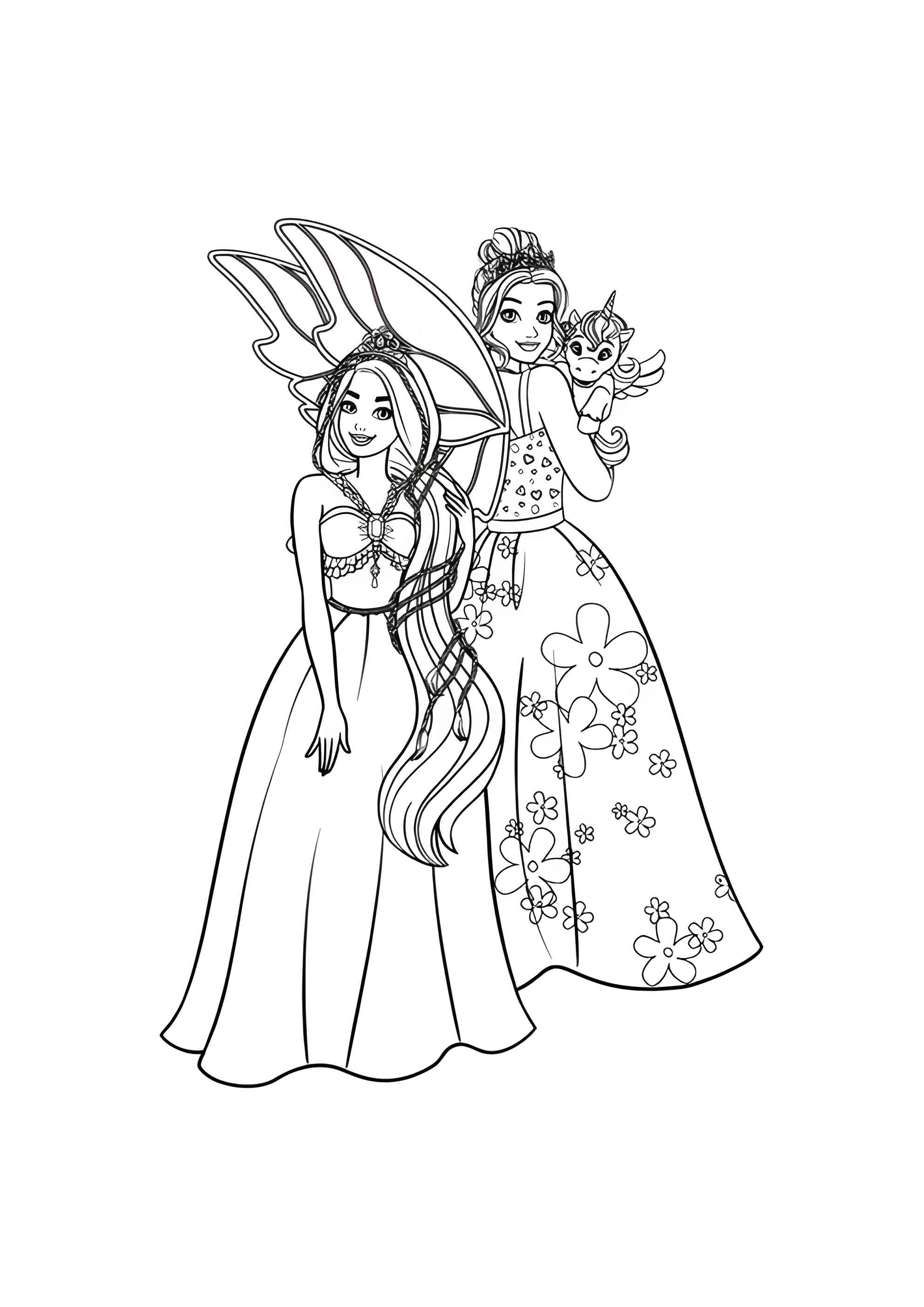 Раскраска Барби, барби-фея и малыш единорог