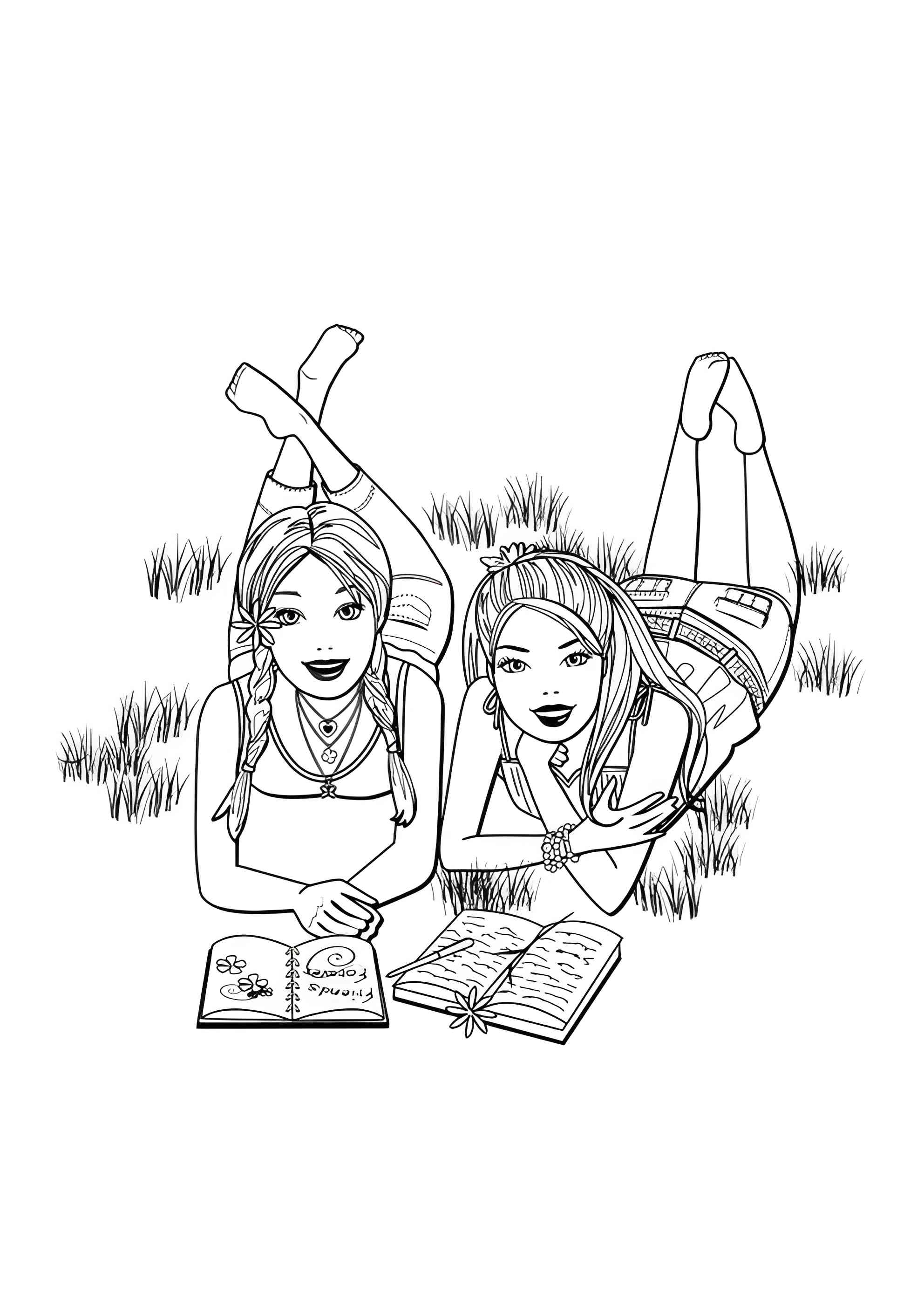 Раскраска Барби читают книжки на природе