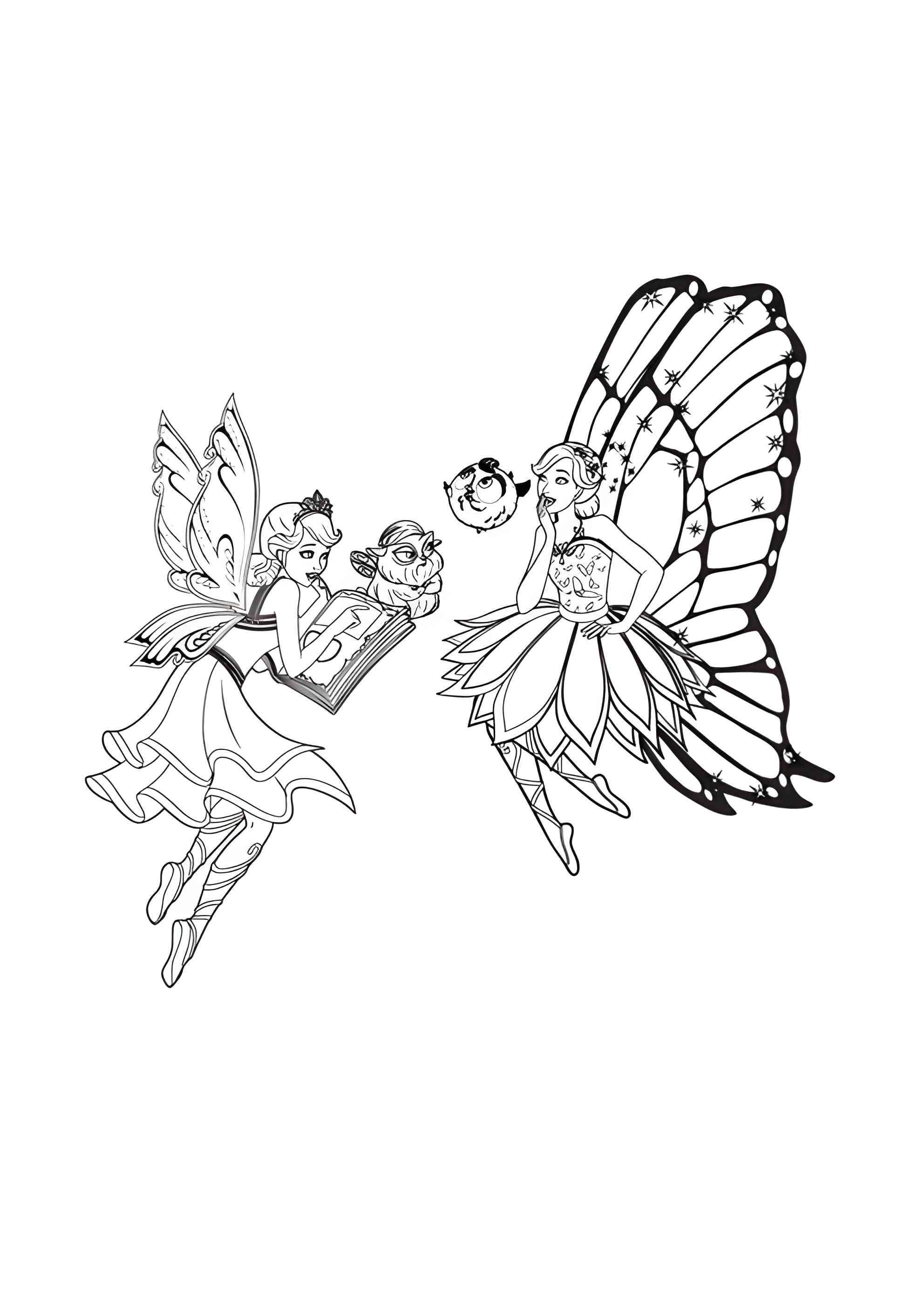 Раскраска Барби феи с питомцами