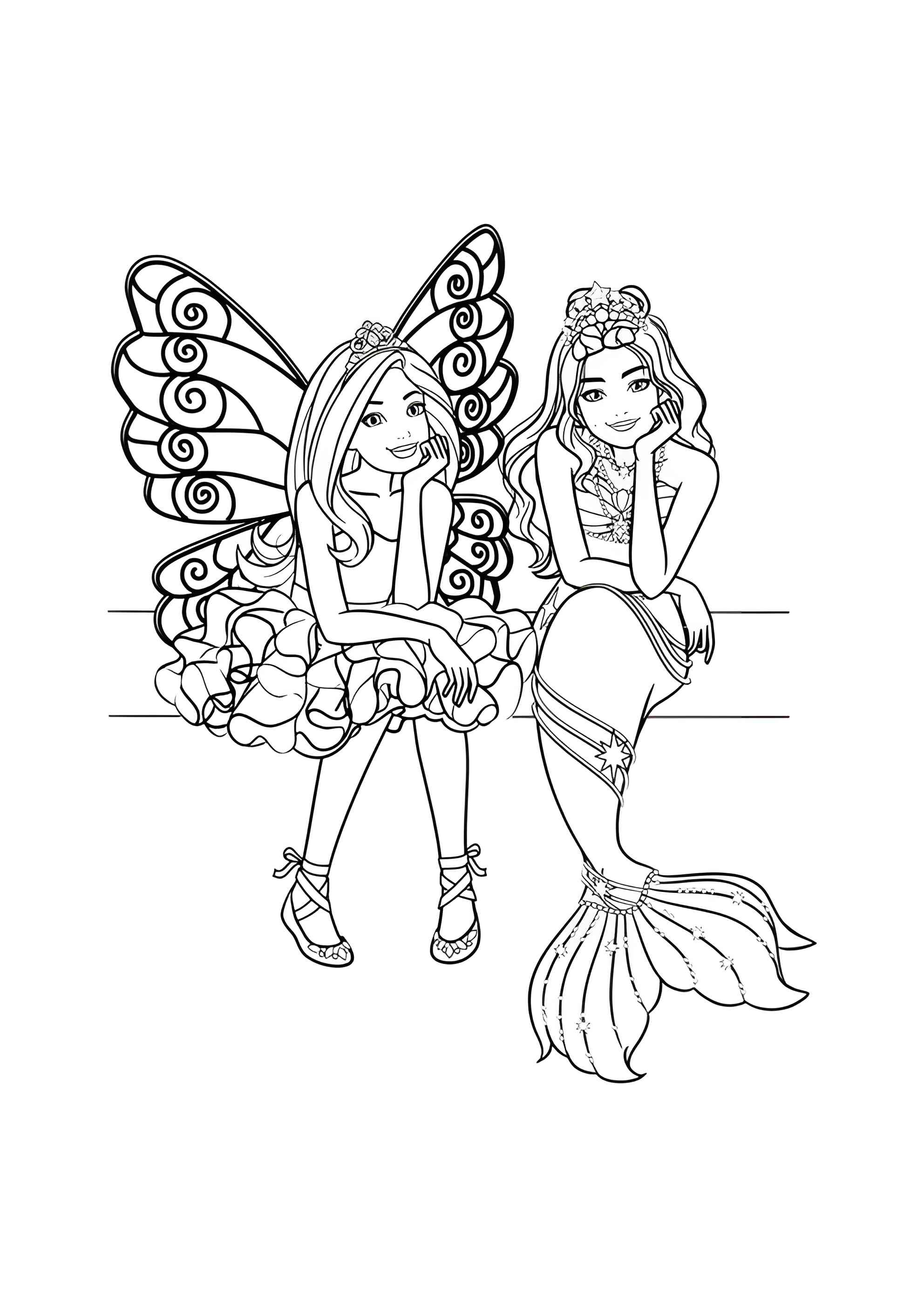 Раскраска Барби фея и барби русалочка