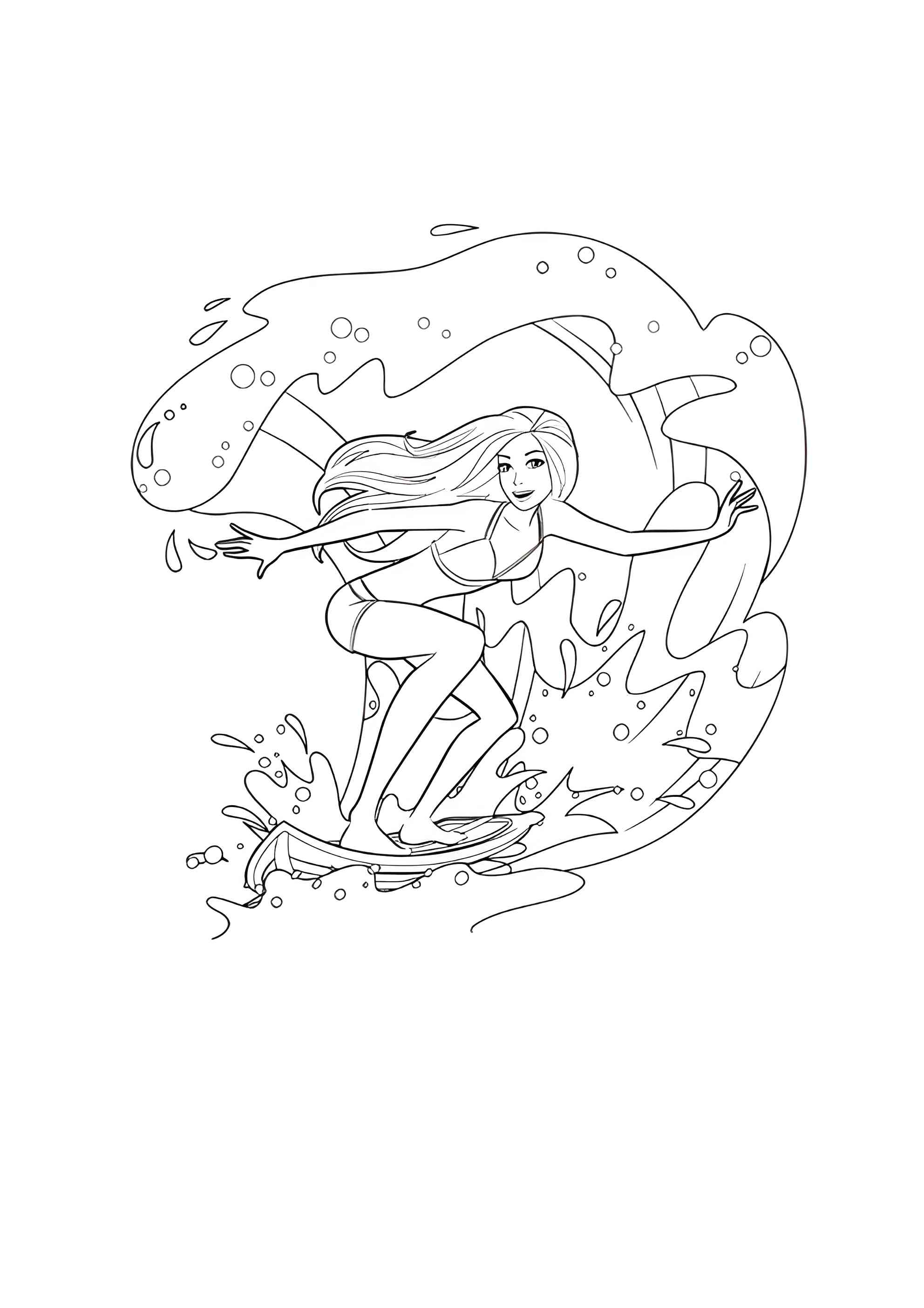 Раскраска Барби на доске для сёрфинга