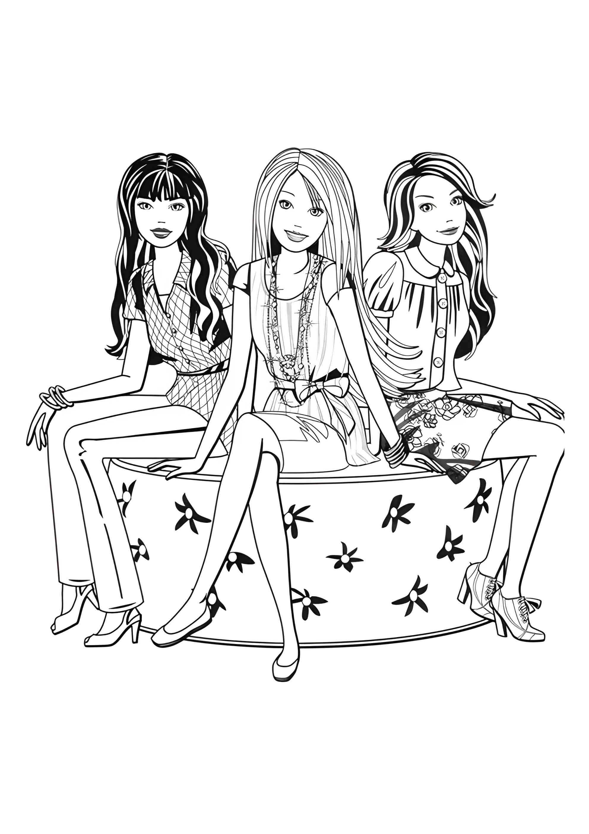Раскраска Барби на лавочке с подружками