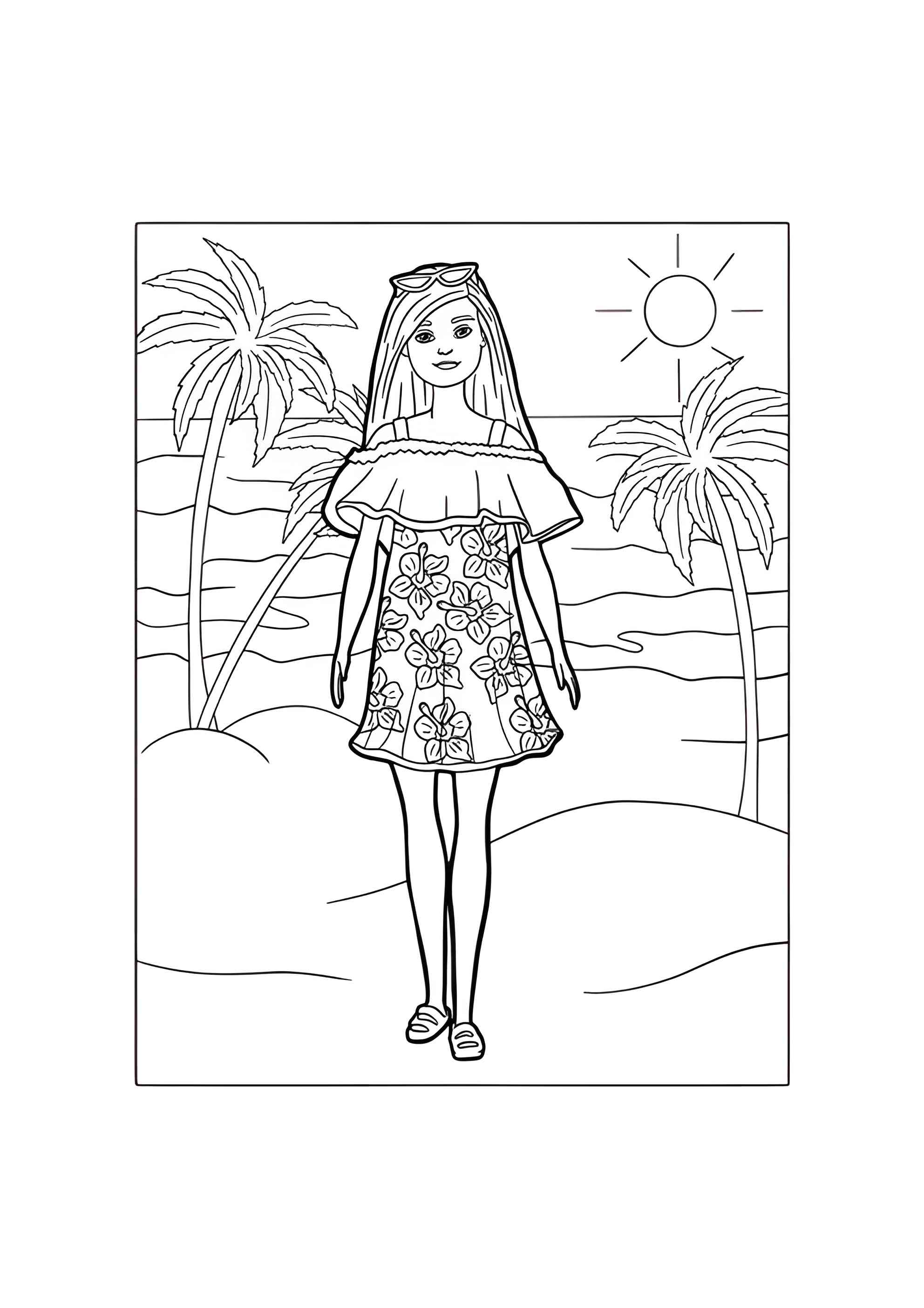 Раскраска Барби на пляже с пальмами