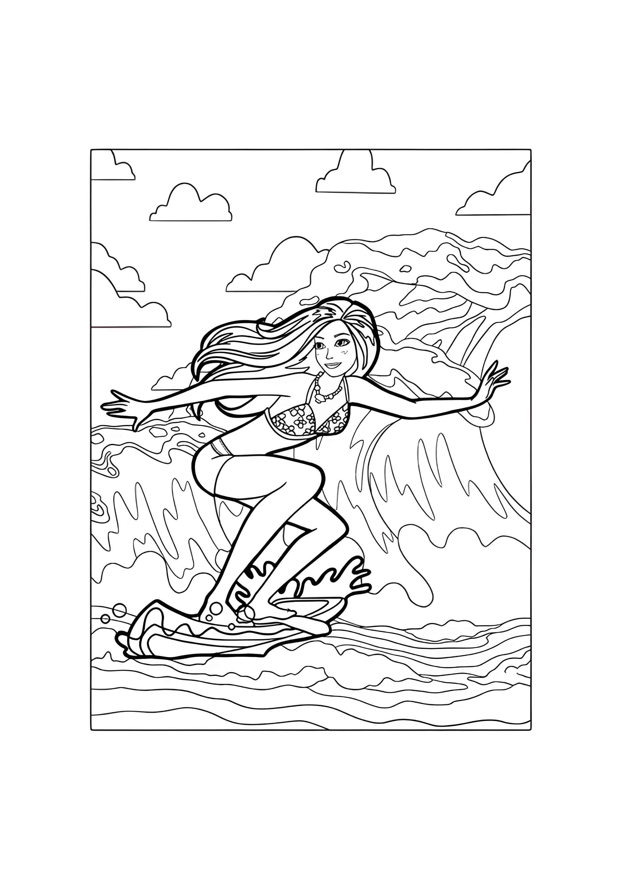 Раскраска Барби на волне