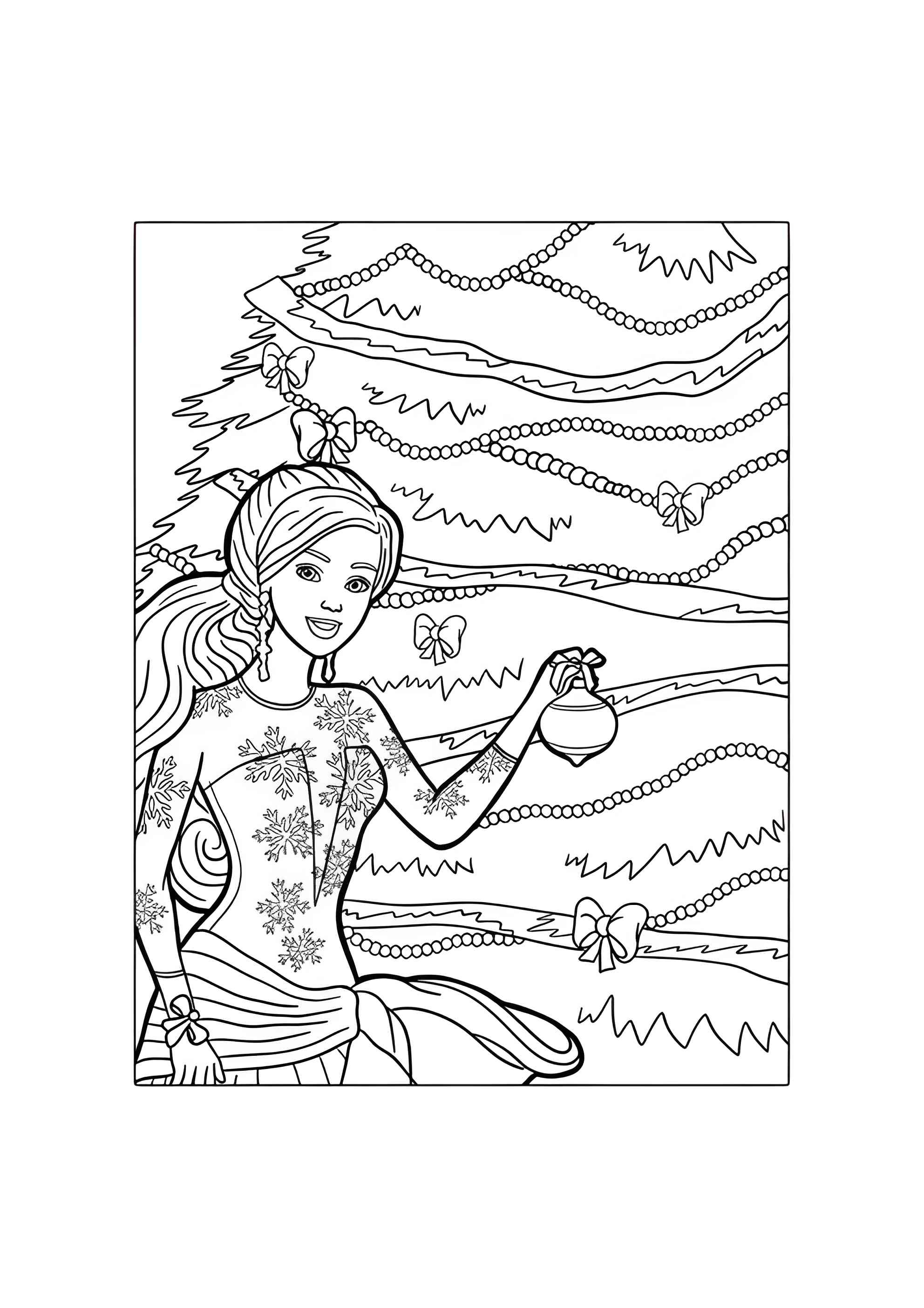 Раскраска Барби наряжает ёлку